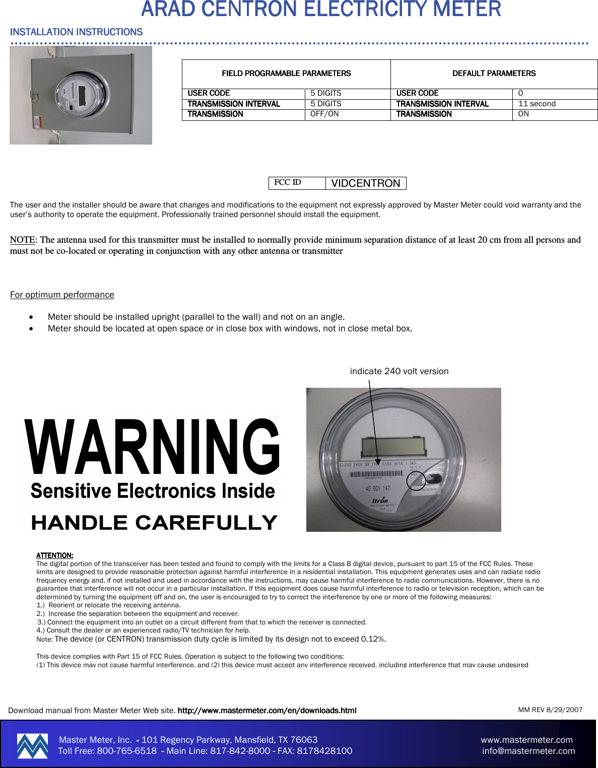 Arad Technologies Centron Electric Meter With Transceiver User Manual