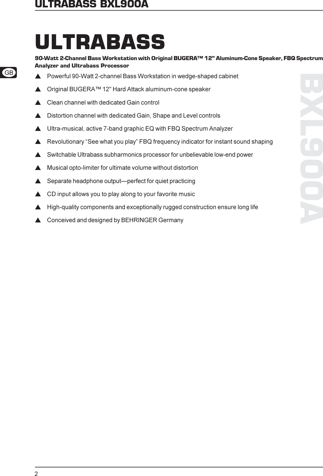 Behringer Ultrabass Bxl900A Specification Sheet BXL900A Tech Info Rev B Pmd