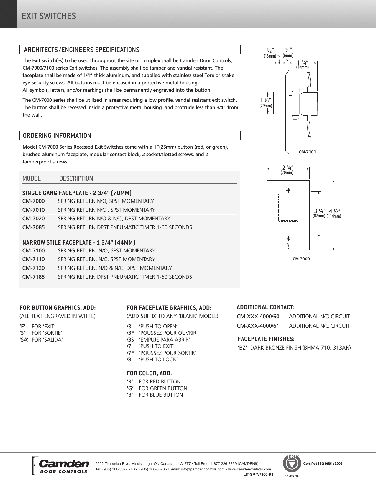 Camden CM 7000 7100 Series Exit Switches Recessed Button 7000 7100