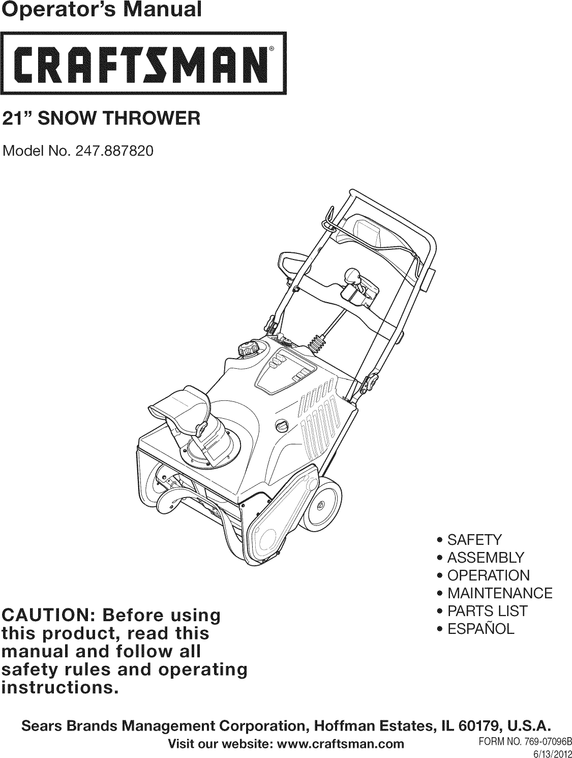 Craftsman 247887820 User Manual SNOW THROWER Manuals And Guides 1206513L