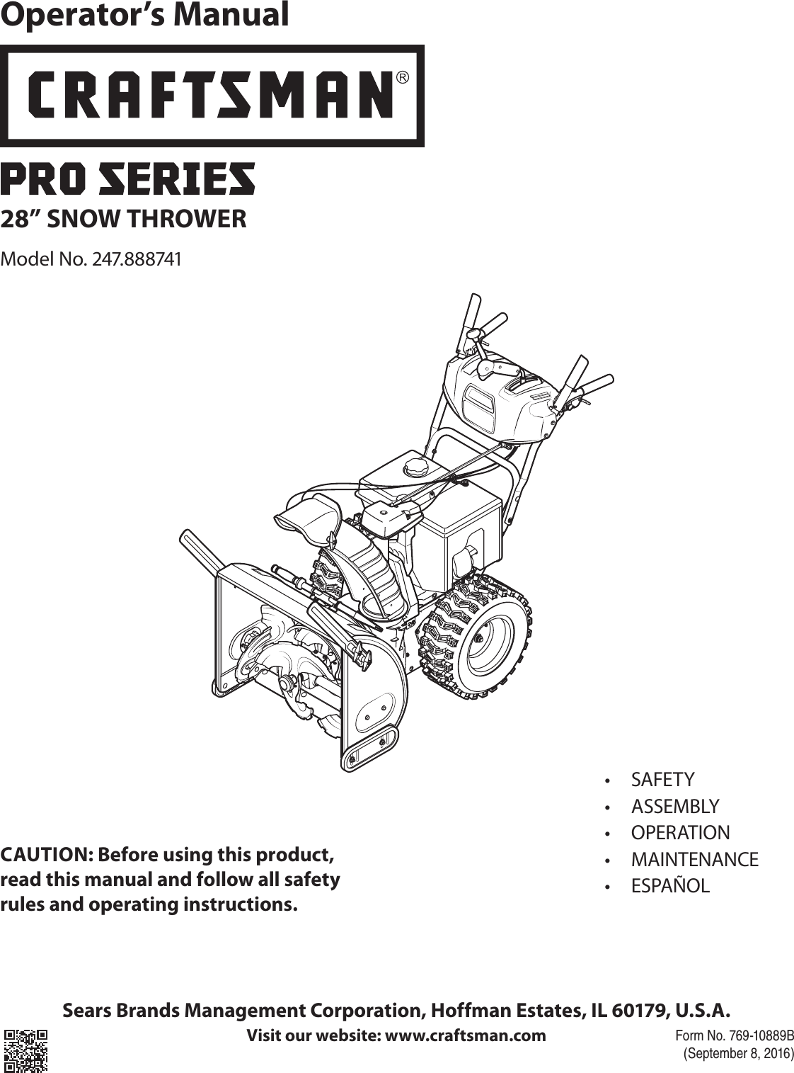 Craftsman 247888741 User Manual SNOW THROWER Manuals And Guides 1609225L