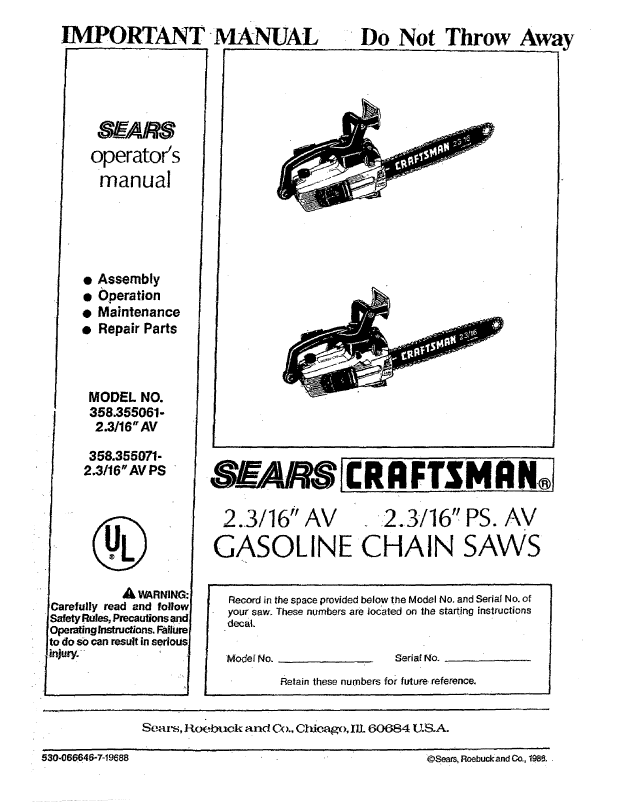 Craftsman 358355061 User Manual GASOLINE CHAIN SAWS Manuals And Guides