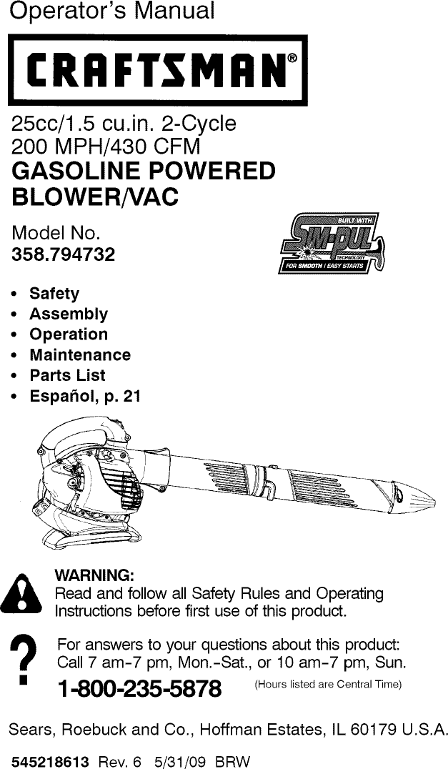 Craftsman 358794732 User Manual BLOWER Manuals And Guides L1005556