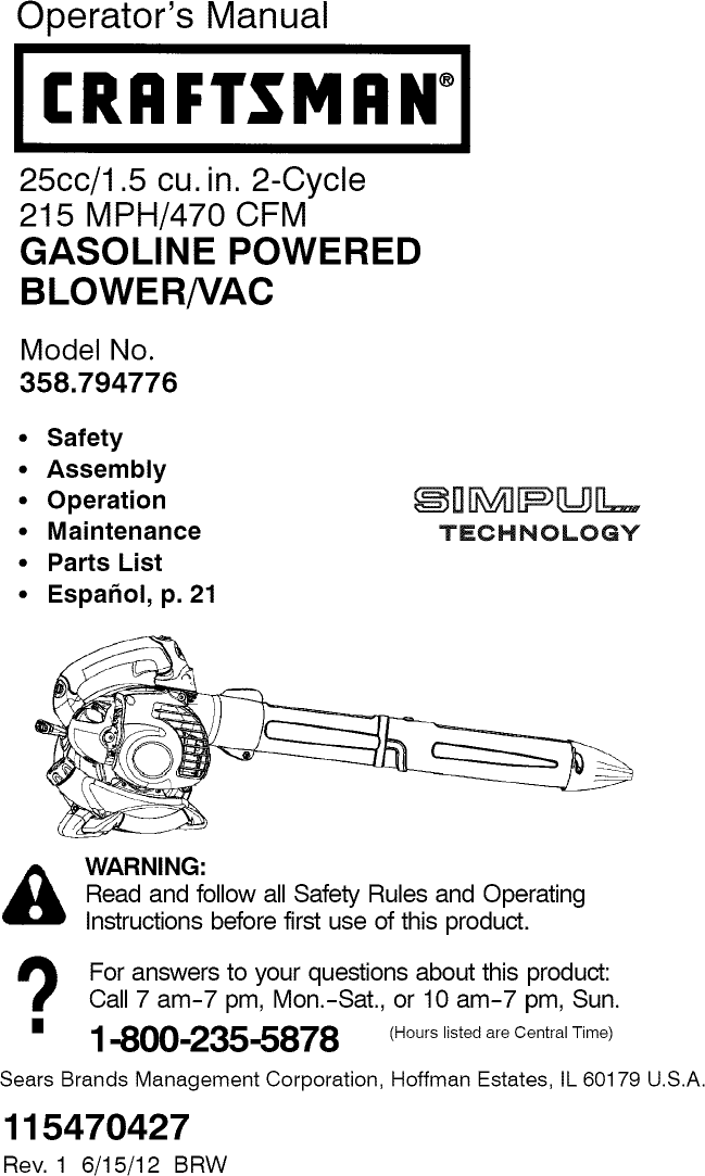 Craftsman 358794776 1207334L User Manual BLOWER Manuals And Guides