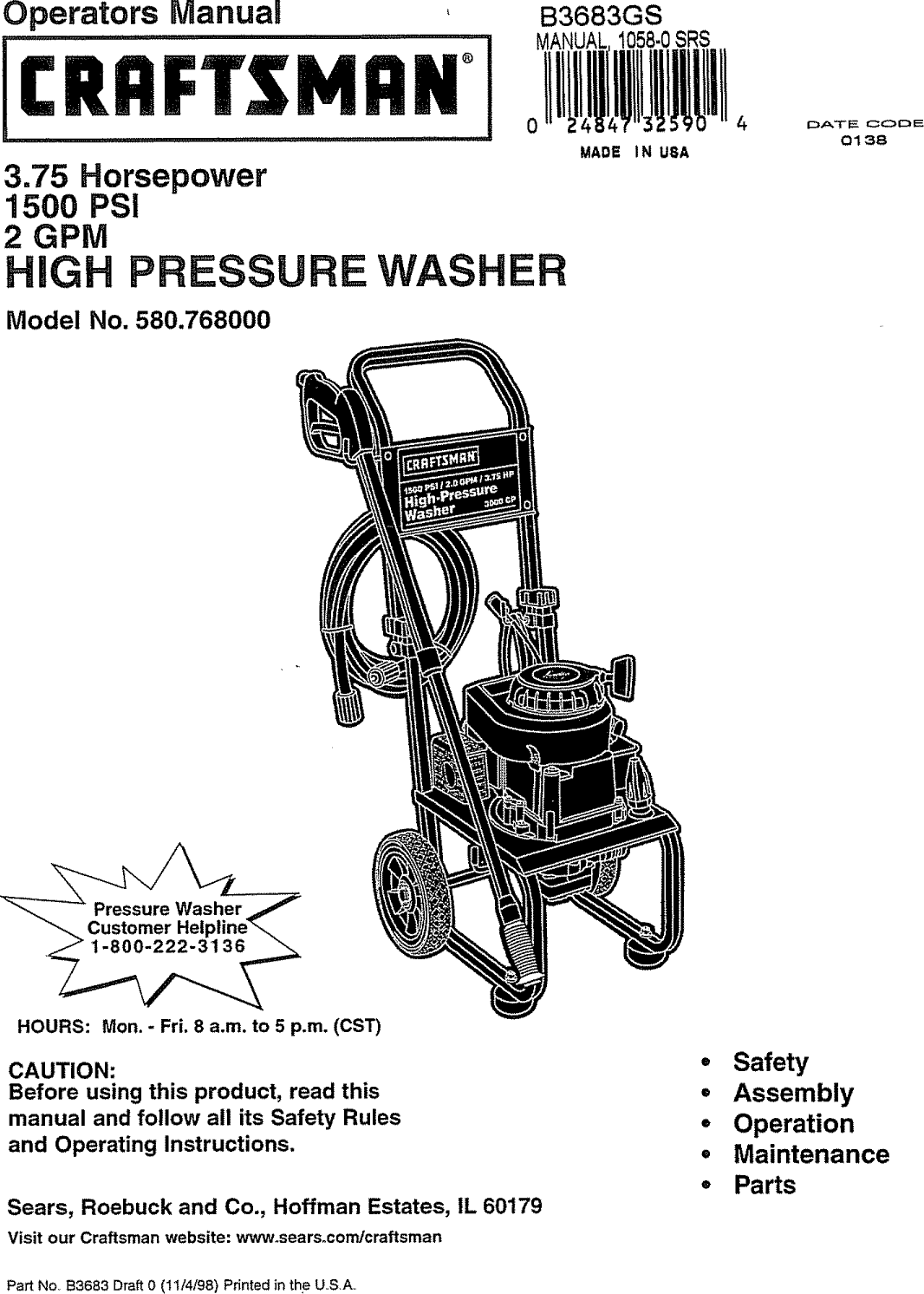 Craftsman 580768000 User Manual HIGH PRESSURE WASHER Manuals And Guides