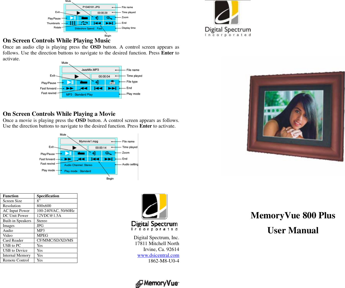 Digital Spectrum Memoryvue 800 Plus Users Manual MV User Bookfoldweb