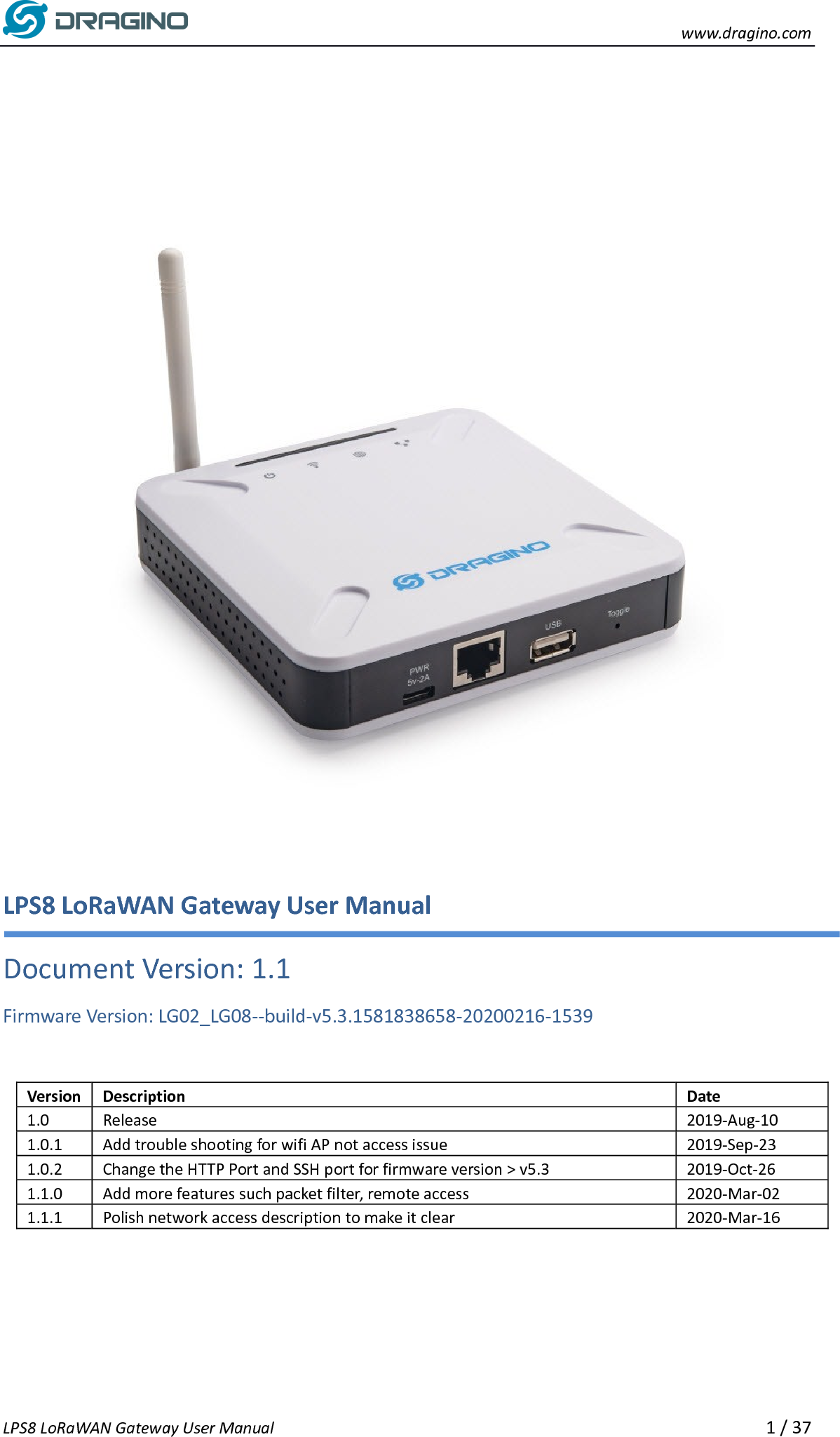 Dragino Technology LPS8 LoRaWAN Gateway User Manual