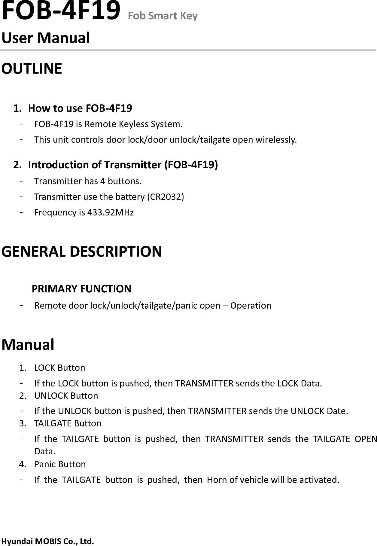 HYUNDAI MOBIS FOB 4F19 Fob Smart Key User Manual