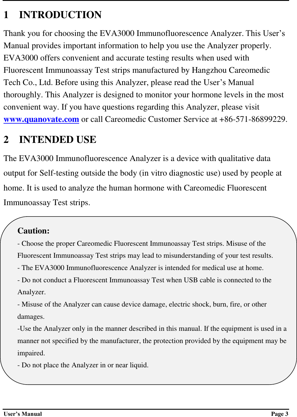 Hangzhou CareoMedic Tech EVA3000TK1 Immunofluorescence Analyzer User Manual