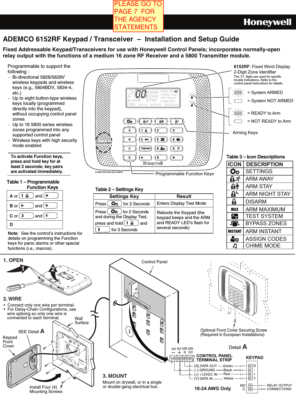 Honeywell 8DL6152RF Keypad Transceiver User Manual 800 11537 A 6152RF