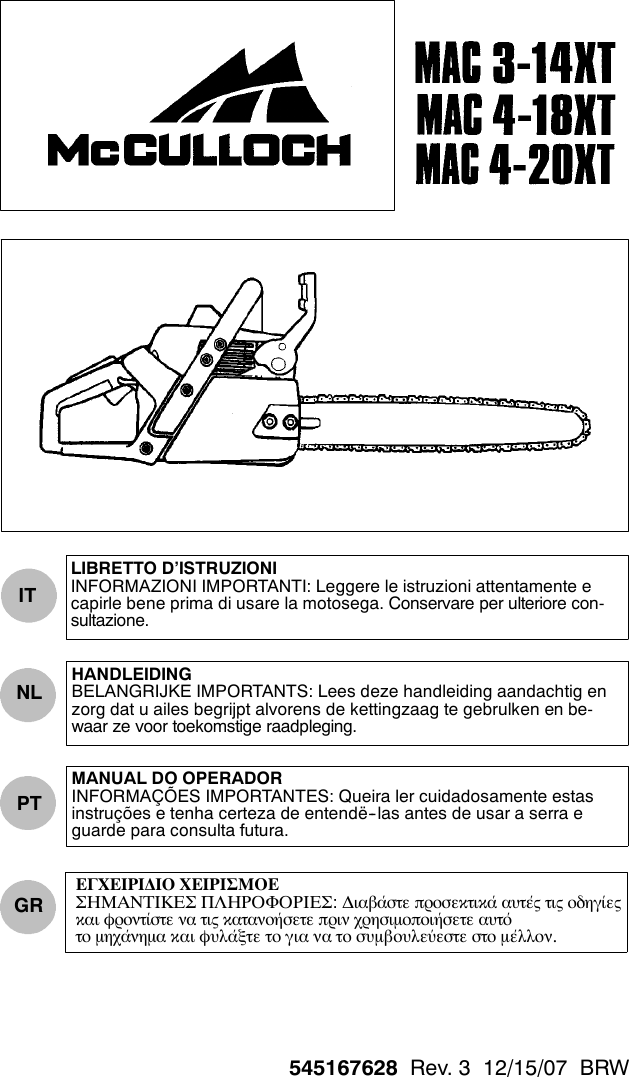 Mcculloch Mac Xt Users Manual Om Mcculloch Xt