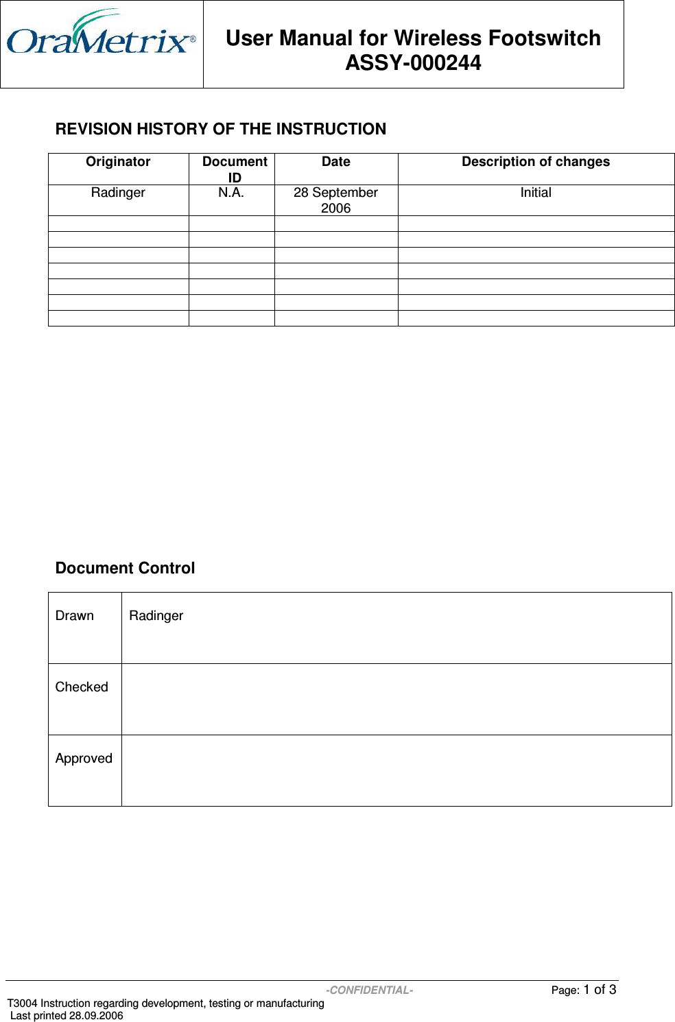 Orametrix Assy Wireless Footswitch User Manual Usermanual