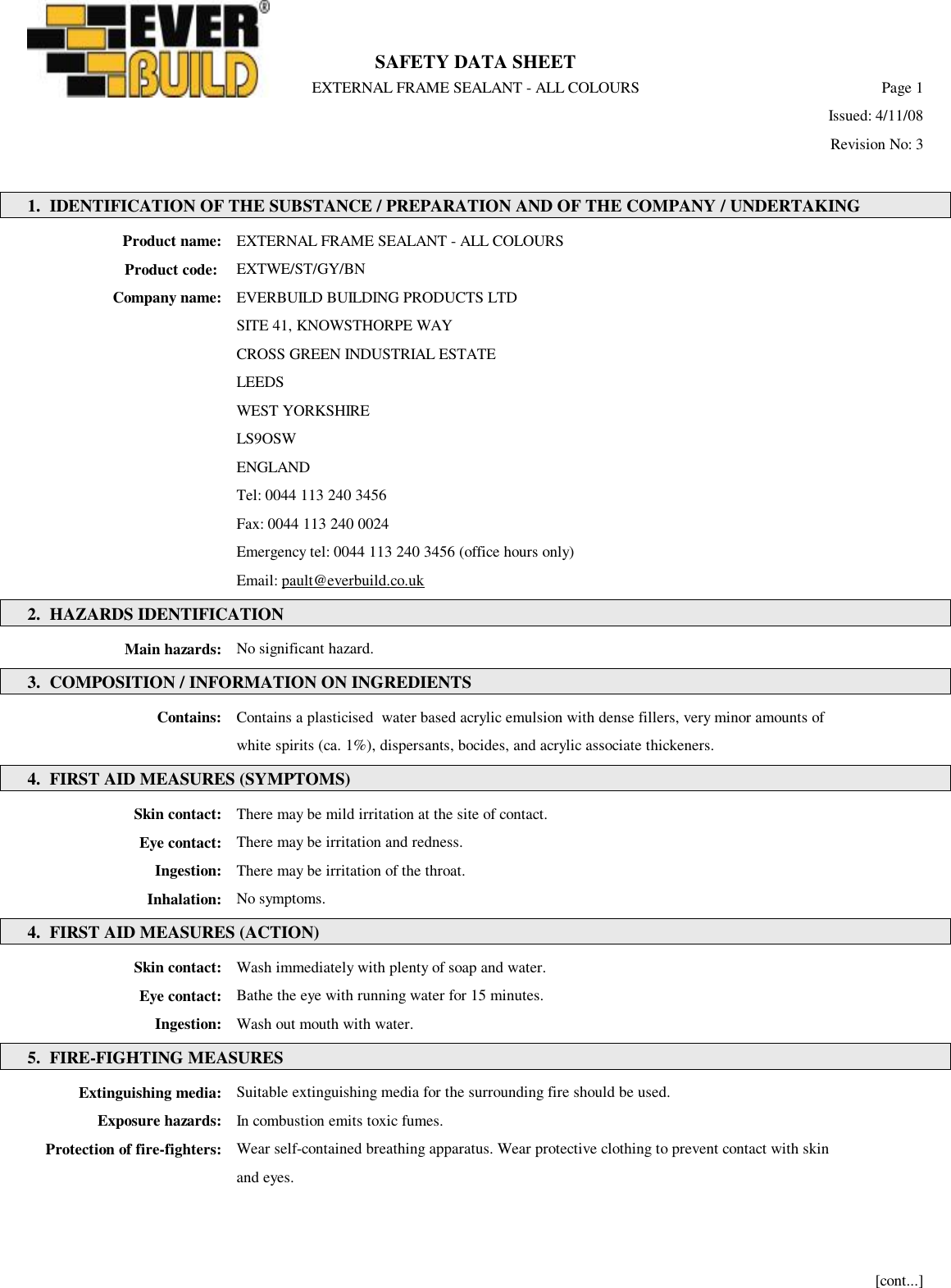 MSDS External Frame Sealant