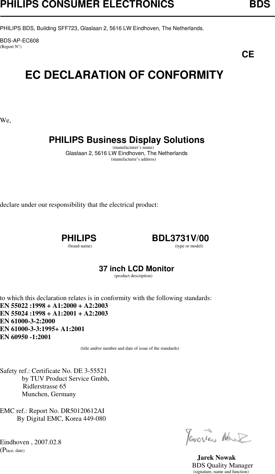 Philips BDL3731V 00 CONSUMER ELECTRONICS User Manual Déclaration De