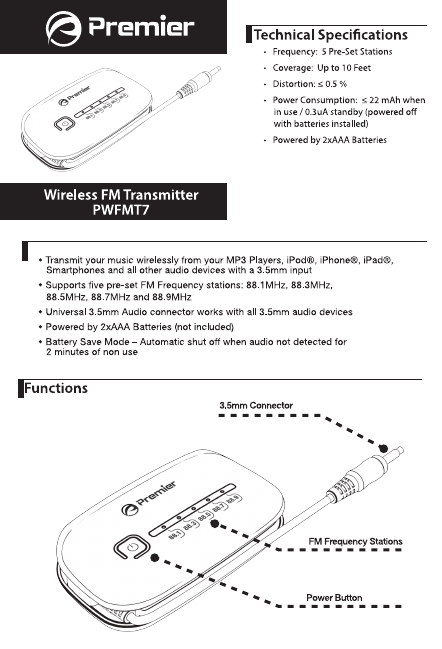 Premier Accessory Group Pwfmt Fm Transmitter User Manual Pwfmt Ok