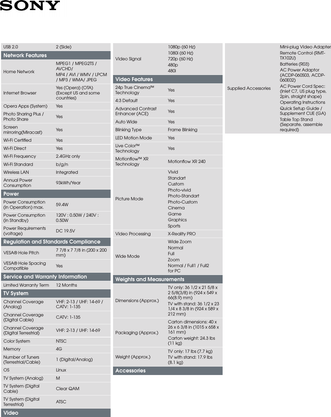 Sony KDL 40W650D User Manual Marketing Specifications KDL40W650D Mksp