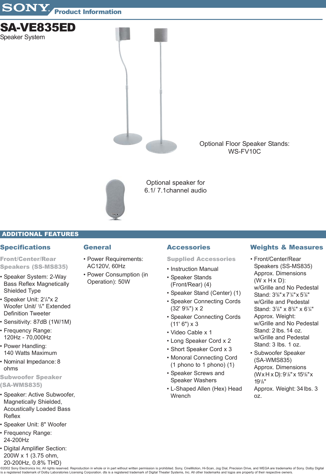 Sony SA VE835ED Speaker Info Sheets 1 User Manual Marketing