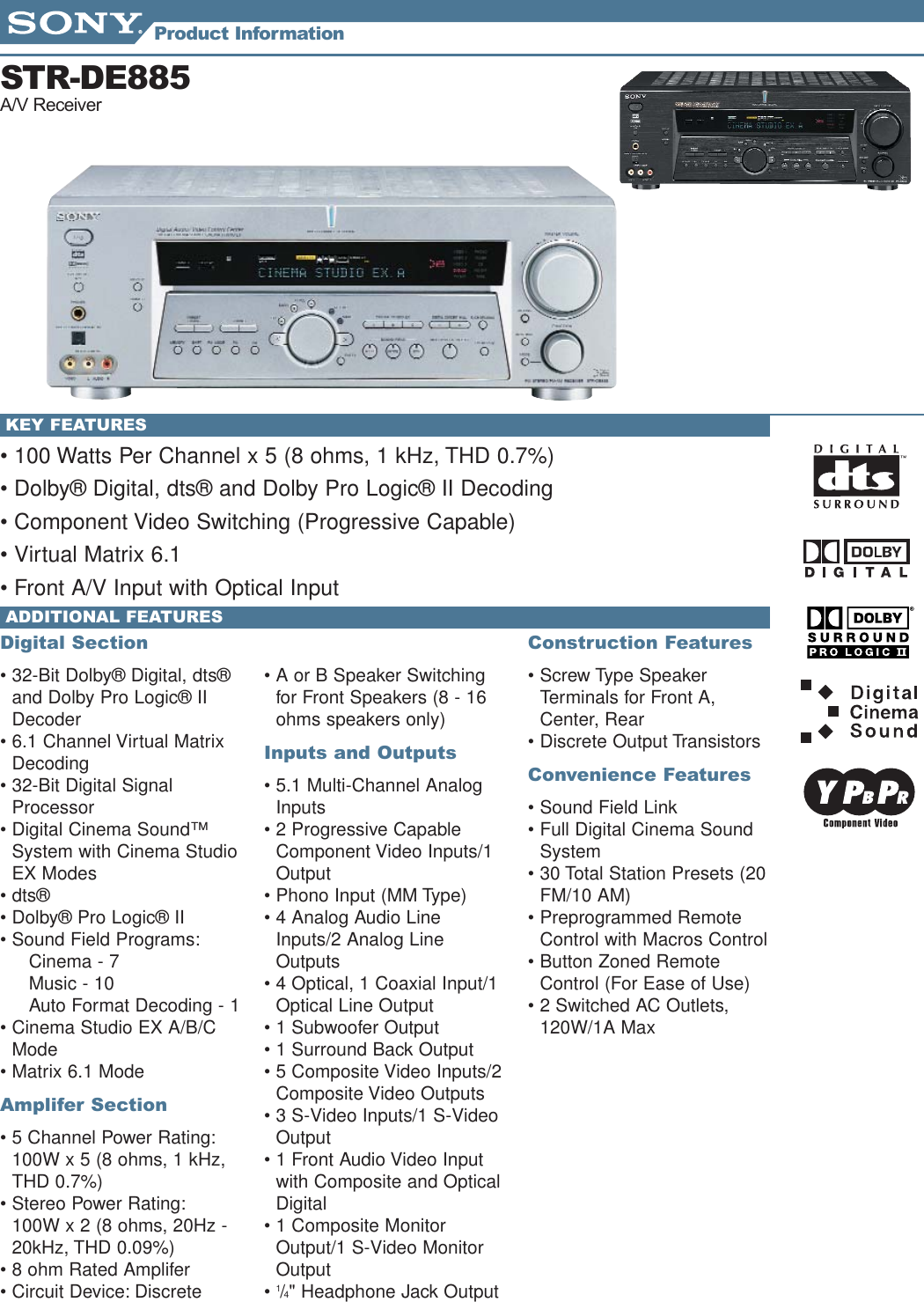 Sony Str De Receivers Info Sheets User Manual Marketing