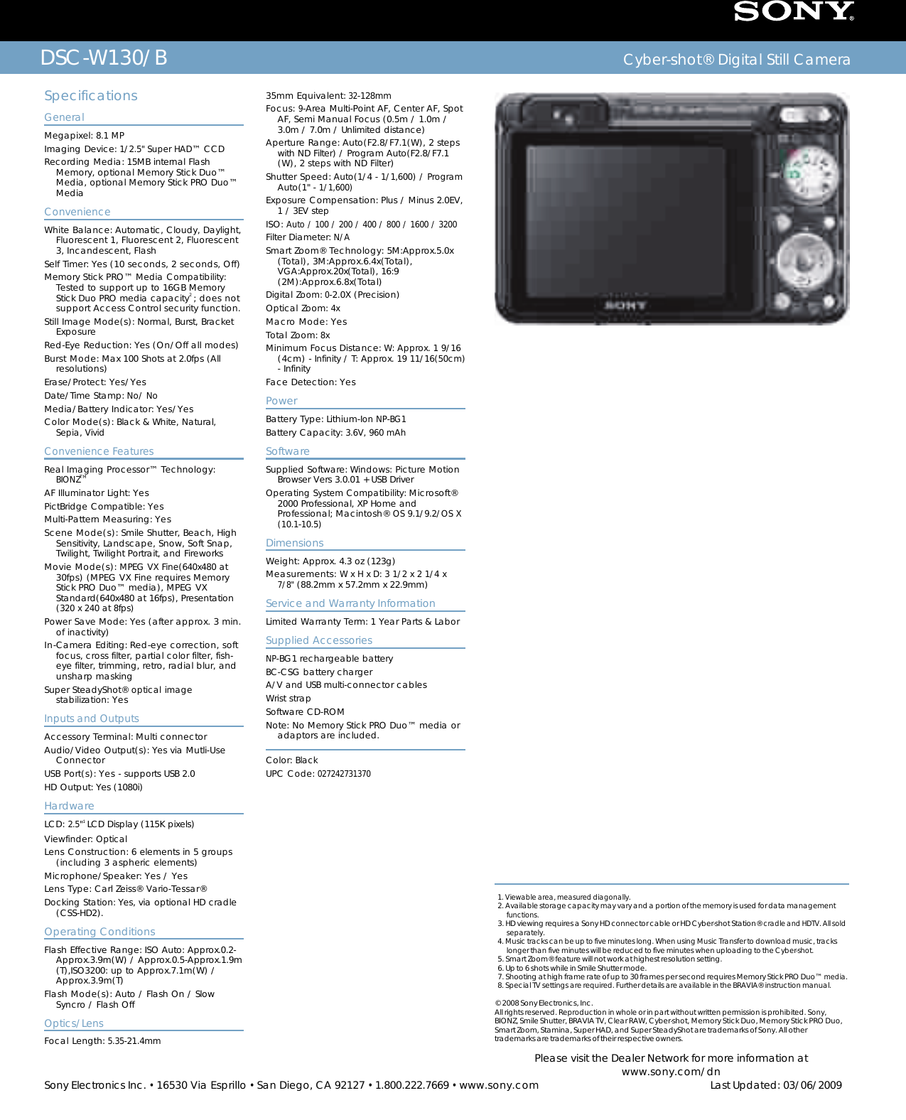 sony dsc w130 b marketing specifications