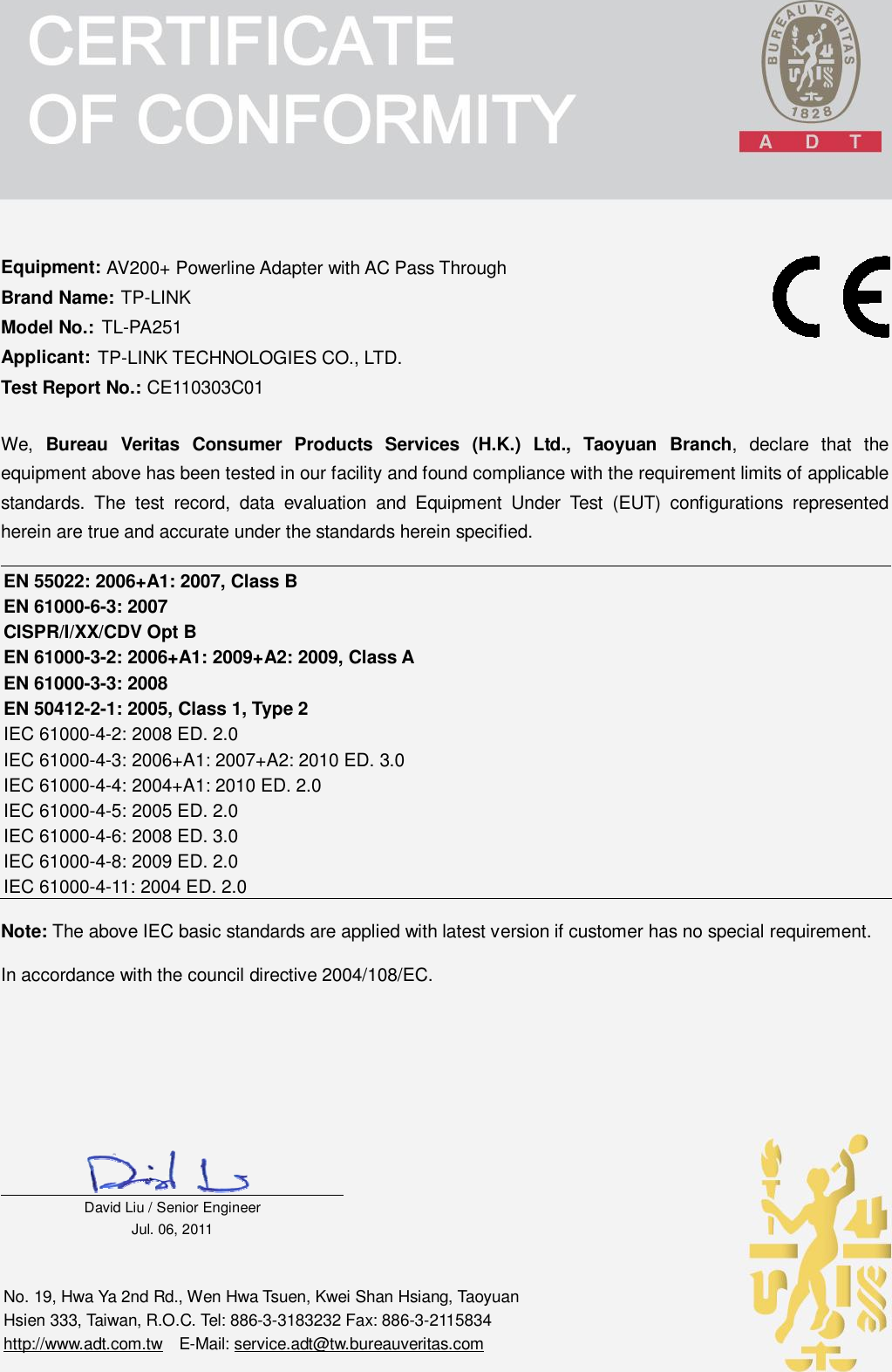 CE110303C01 TL PA251 CE Certificate EMC