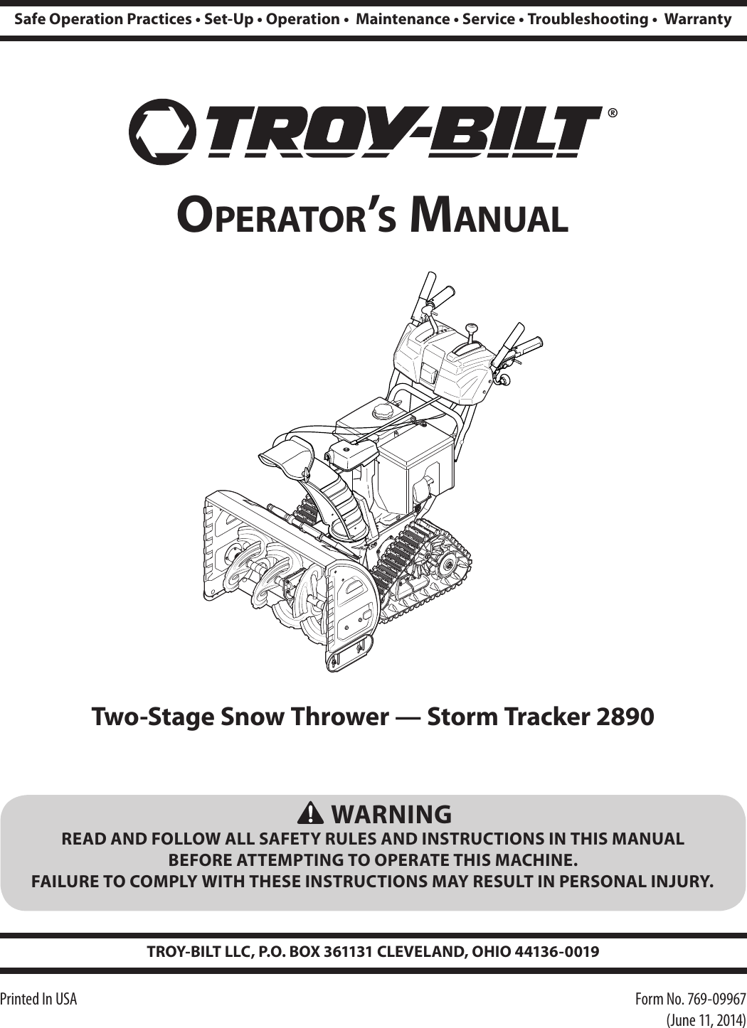 Troy Bilt Storm Tracker 2890 Snow Thrower Users Manual