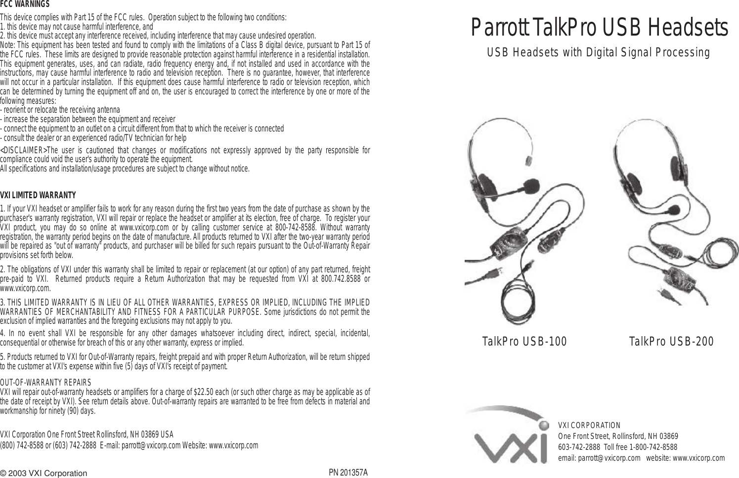 vxi parrot talkpro usb 100 users manual parrott