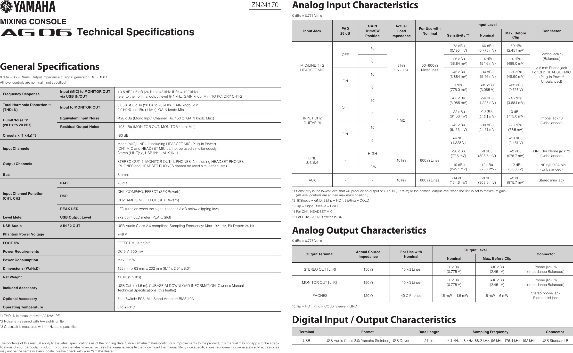 yamaha ag06 specifications technical