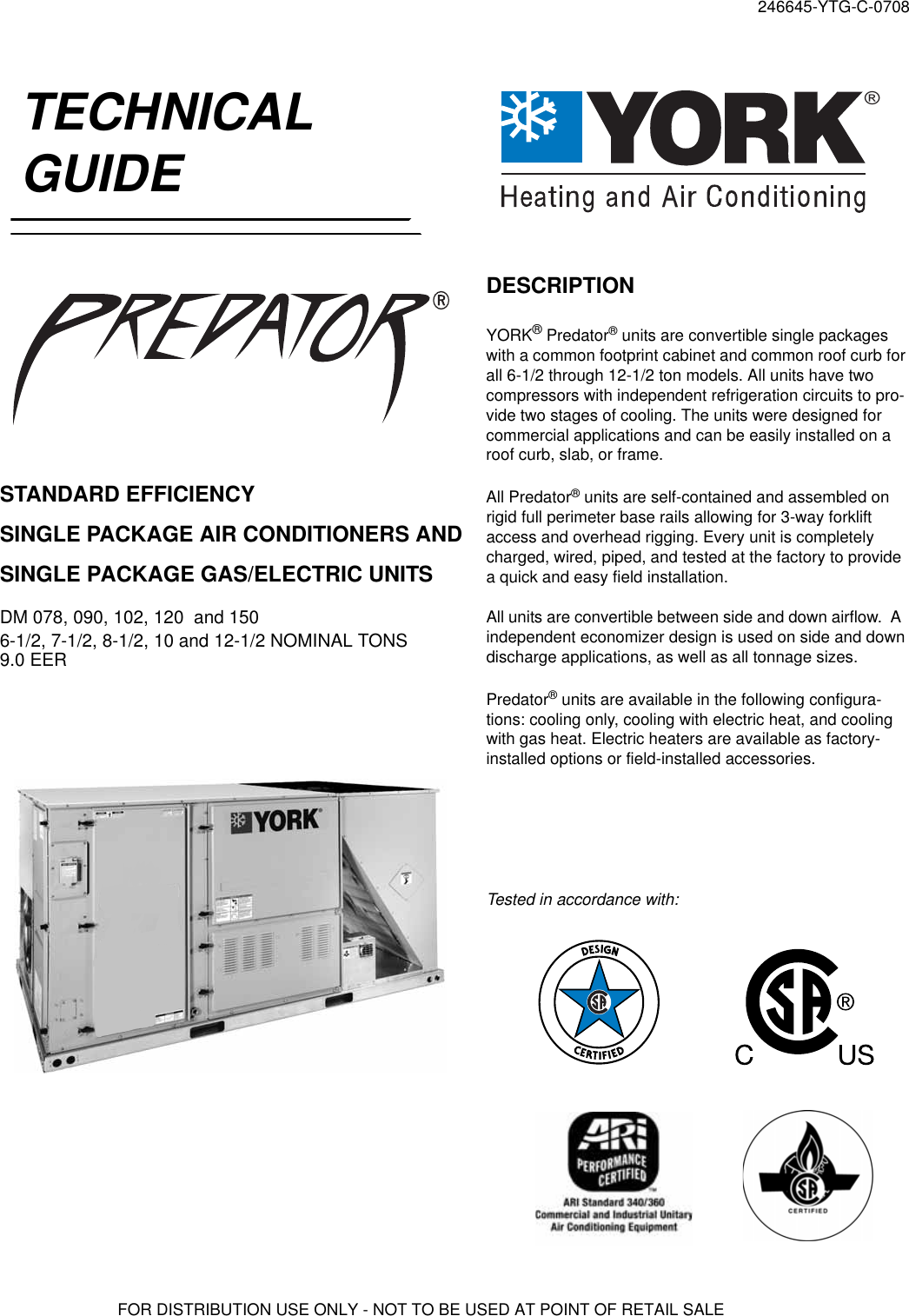 York Predator Dm Users Manual Y Tg Std Eff Sgl Pkg Ac And Gas