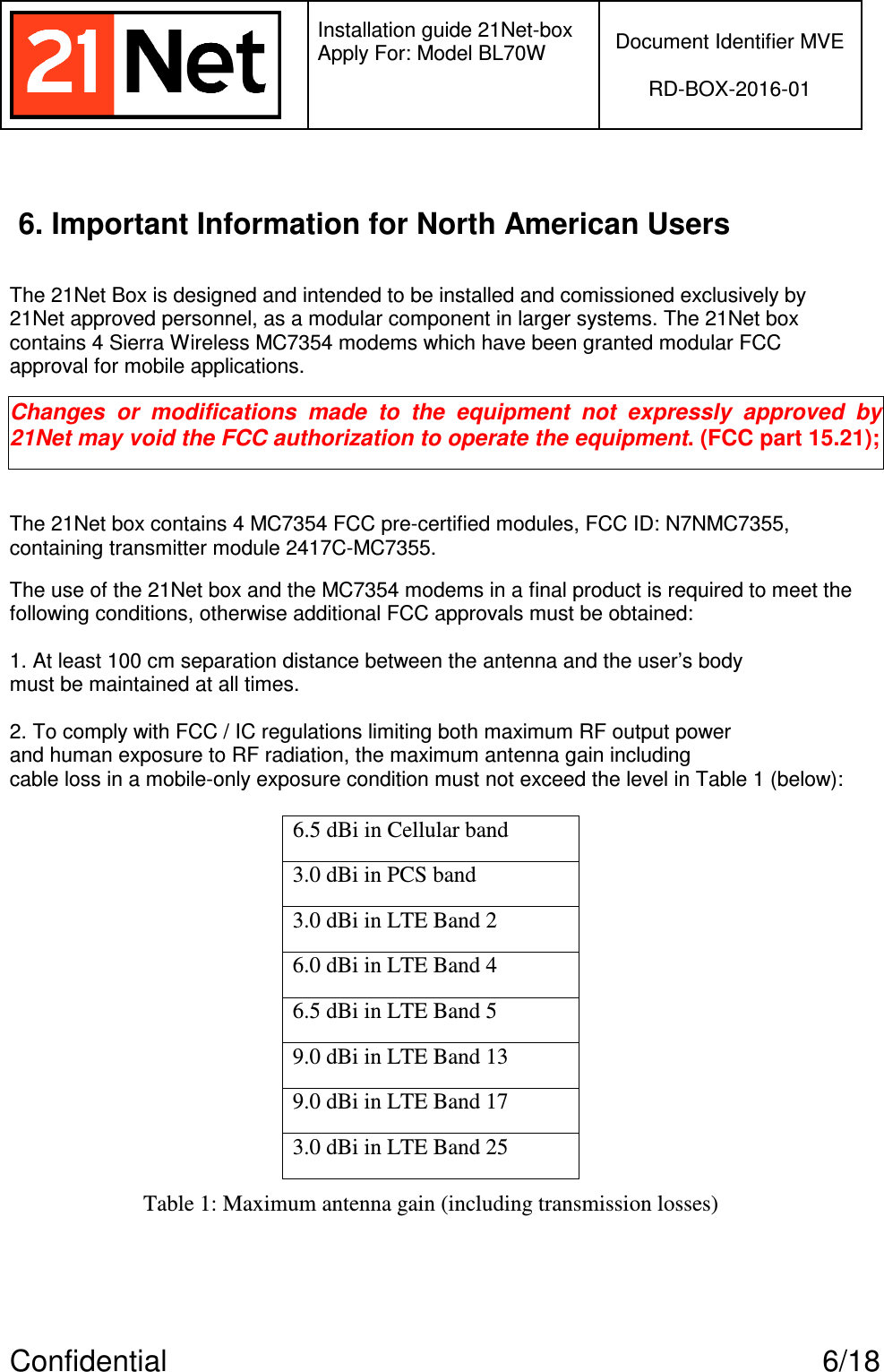   Installation guide 21Net-box Apply For: Model BL70W   Document Identifier MVE  RD-BOX-2016-01  Confidential  6/18  6. Important Information for North American Users  The 21Net Box is designed and intended to be installed and comissioned exclusively by 21Net approved personnel, as a modular component in larger systems. The 21Net box contains 4 Sierra Wireless MC7354 modems which have been granted modular FCC approval for mobile applications. Changes  or  modifications  made  to  the  equipment  not  expressly  approved  by 21Net may void the FCC authorization to operate the equipment. (FCC part 15.21);  The 21Net box contains 4 MC7354 FCC pre-certified modules, FCC ID: N7NMC7355, containing transmitter module 2417C-MC7355. The use of the 21Net box and the MC7354 modems in a final product is required to meet the following conditions, otherwise additional FCC approvals must be obtained:   1. At least 100 cm separation distance between the antenna and the user’s body must be maintained at all times.  2. To comply with FCC / IC regulations limiting both maximum RF output power and human exposure to RF radiation, the maximum antenna gain including cable loss in a mobile-only exposure condition must not exceed the level in Table 1 (below):          Table 1: Maximum antenna gain (including transmission losses)6.5 dBi in Cellular band 3.0 dBi in PCS band 3.0 dBi in LTE Band 2 6.0 dBi in LTE Band 4 6.5 dBi in LTE Band 5 9.0 dBi in LTE Band 13 9.0 dBi in LTE Band 17 3.0 dBi in LTE Band 25 