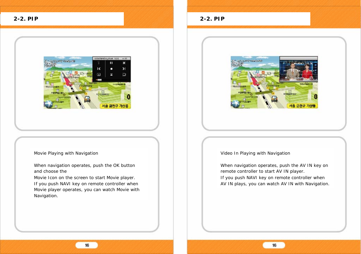 Movie Playing with NavigationWhen navigation operates, push the OK button and choose theMovie Icon on the screen to start Movie player.If you push NAVI key on remote controller when Movie player operates, you can watch Movie with Navigation.Video In Playing with NavigationWhen navigation operates, push the AV IN key on remote controller to start AV IN player.If you push NAVI key on remote controller when AV IN plays, you can watch AV IN with Navigation.2-2. PIP 2-2. PIP