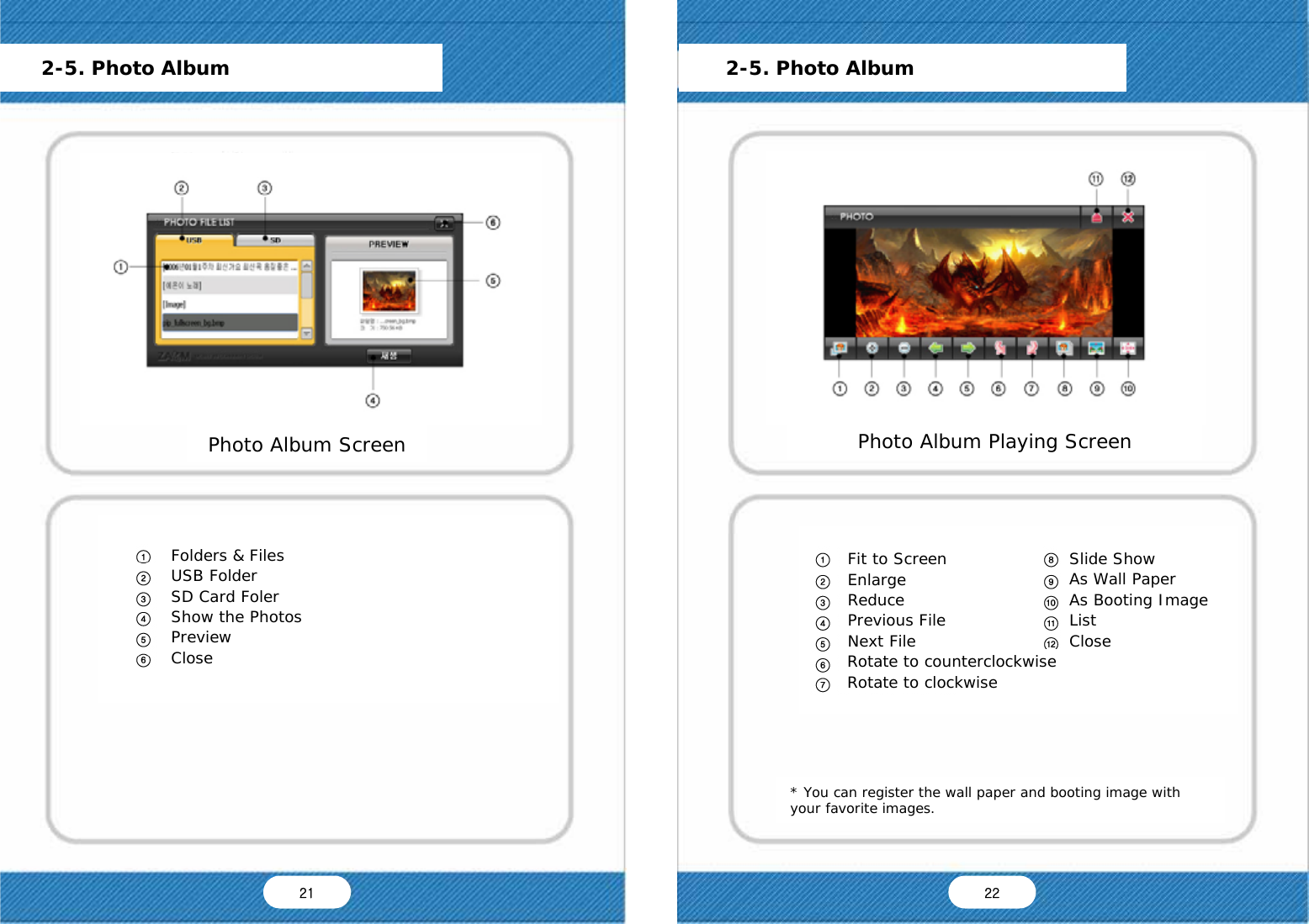        2-5. Photo Album Photo Album Screen Folders &amp; Files USB Folder SD Card Foler Show the Photos Preview Close Photo Album Playing Screen * You can register the wall paper and booting image with your favorite images.      2-5. Photo Album Slide Show As Wall Paper As Booting Image List Close Fit to Screen Enlarge Reduce Previous File Next File  Rotate to counterclockwise Rotate to clockwise 21  22 