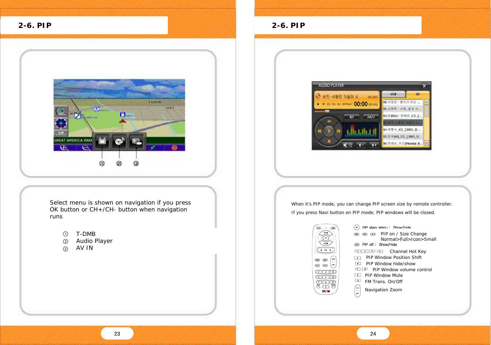   PIP Main Menu : Show/Hide DMB TV Playing with Navigation  When navigation operates, push the CH+ button or DMB key on remote controller to start DMB. If you push NAVI key on remote controller when DMB operates, you can watch DMB with Navigation.  To start navigation;  - Touch the Navi Icon on main menu.  - Press the Navi key on the remote controller.  For further information about operating navigation, please find the additional navigation manual or refer to the web site www.zamm.co.kr. PIP Window Position Shift PIP Window hide/show      2-6. PIP      2-6. PIP PIP on / Size Change Normal>Full>Icon>Small PIP off : Show/Hide Channel Hot Key PIP Window volume control PIP Window Mute FM Trans. On/Off Select menu is shown on navigation if you press OK button or CH+/CH- button when navigation runs T-DMB Audio Player AV IN PIP Window Position Shift PIP Window hide/show PIP on / Size Change Normal>Full>Icon>Small Channel Hot Key PIP Window volume control PIP Window Mute FM Trans. On/Off Navigation Zoom  When it&rsquo;s PIP mode, you can change PIP screen size by remote controller. If you press Navi button on PIP mode, PIP windows will be closed. 23  24 
