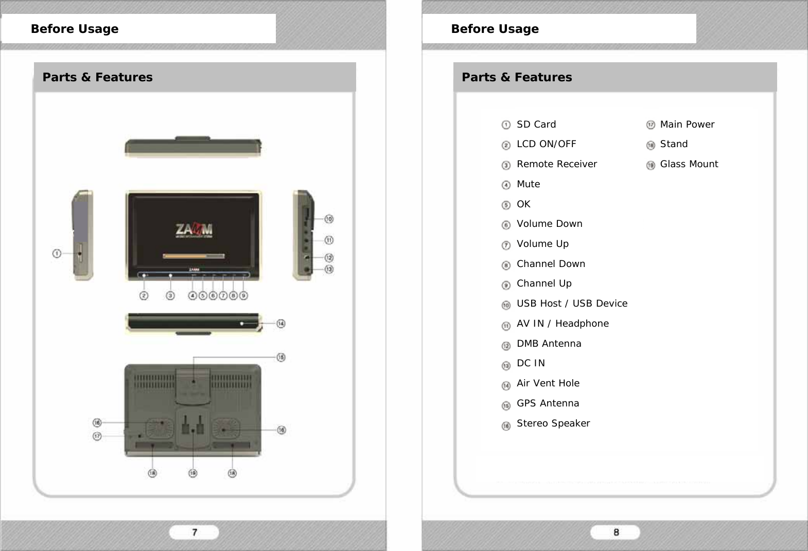   Before Usage Before Usage Parts &amp; Features       Before Usage      Before Usage Parts &amp; Features Parts &amp; Features SD Card LCD ON/OFF Remote Receiver Mute OK Volume Down Volume Up Channel Down Channel Up USB Host / USB Device AV IN / Headphone DMB Antenna DC IN Air Vent Hole GPS Antenna Stereo Speaker Main Power Stand Glass Mount 