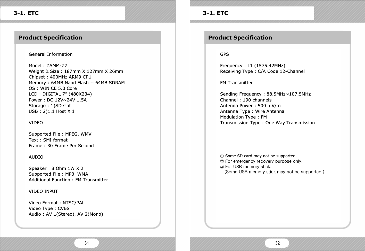 ETCProduct SpecificationGeneral InformationModel : ZAMM-Z7Weight &amp; Size : 187mm X 127mm X 26mmChipset : 400MHz ARM9 CPUMemory : 64MB Nand Flash + 64MB SDRAMOS : WIN CE 5.0 CoreLCD : DIGITAL 7&rdquo; (480X234)Power : DC 12V~24V 1.5AStorage : 1)SD slotUSB : 2)1.1 Host X 1VIDEOSupported File : MPEG, WMVText : SMI formatFrame : 30 Frame Per SecondAUDIOSpeaker : 8 Ohm 1W X 2Supported File : MP3, WMAAdditional Function : FM TransmitterVIDEO INPUTVideo Format : NTSC/PALVideo Type : CVBSAudio : AV 1(Stereo), AV 2(Mono)3-1. ETC 3-1. ETCProduct SpecificationGPSFrequency : L1 (1575.42MHz)Receiving Type : C/A Code 12-ChannelFM TransmitterSending Frequency : 88.5MHz~107.5MHzChannel : 190 channelsAntenna Power : 500 ɆV/mAntenna Type : Wire AntennaModulation Type : FMTransmission Type : One Way TransmissionྙSome SD card may not be supported.ྚmGGGGUྛmG|ziGGUOzG|ziGGGGGGUPZ] Z^31 32