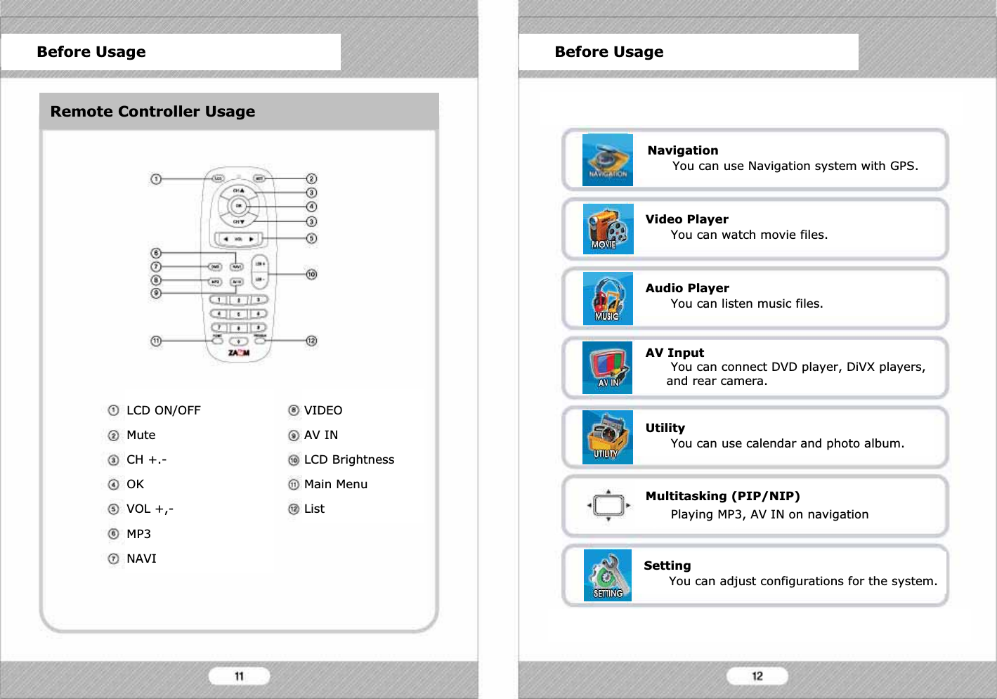 LCD ON/OFFMuteCH +.-OKVOL +,-MP3NAVIVIDEOAV INLCD BrightnessMain MenuListBefore Usage Before UsageRemote Controller UsageNavigationYou can use Navigation system with GPS.Video PlayerYou can watch movie files.Audio PlayerYou can listen music files.AV InputYou can connect DVD player, DiVX players, and rear camera.UtilityYou can use calendar and photo album.SettingYou can adjust configurations for the system.Multitasking (PIP/NIP)Playing MP3, AV IN on navigation