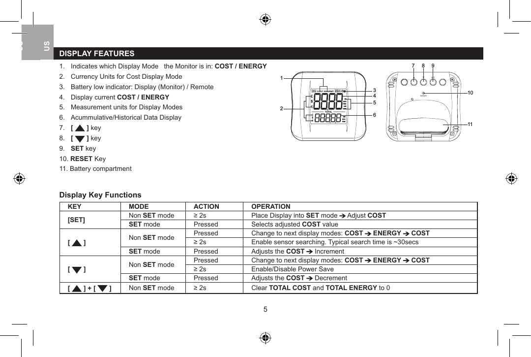 DISPLAY FEATURES            1.  Indicates which Display Mode   the Monitor is in: COST / ENERGY         2.  Currency Units for Cost Display Mode         124356     7 8 910113.   Battery low indicator: Display (Monitor) / Remote4.   Display current COST / ENERGY5.   Measurement units for Display Modes6.   Acummulative/Historical Data Display7.   [   ] key8.  [   ] key9.   SET key10. RESET Key11. Battery compartmentDisplay Key FunctionsKEY MODE ACTION OPERATION[SET] Non SET mode &ge; 2s Place Display into SET mode   Adjust COSTSET mode Pressed Selects adjusted COST value[   ] Non SET mode Pressed Change to next display modes: COST   ENERGY   COST&ge; 2s Enable sensor searching. Typical search time is ~30secsSET mode Pressed Adjusts the COST   Increment[   ] Non SET mode Pressed Change to next display modes: COST   ENERGY   COST&ge; 2s Enable/Disable Power Save SET mode Pressed Adjusts the COST   Decrement[   ] + [   ] Non SET mode &ge; 2s Clear TOTAL COST and TOTAL ENERGY to 045USUKUSUSUK