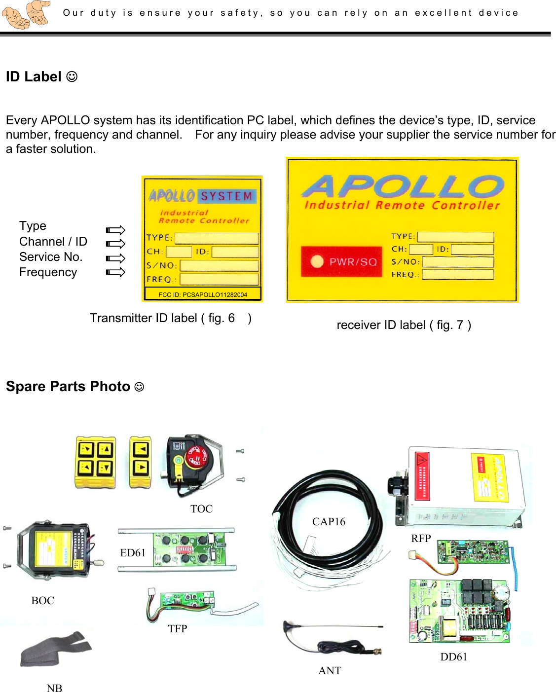   Our duty is ensure your safety, so you can rely on an excellent device        ID Label ☺                                                  Every APOLLO system has its identification PC label, which defines the device’s type, ID, service number, frequency and channel.    For any inquiry please advise your supplier the service number for a faster solution.                   Spare Parts Photo ☺  (  C1-6PB  )                     Type Channel / ID Service No. Frequency  Transmitter ID label ( fig. 6    ) receiver ID label ( fig. 7 ) TOC BOC ED61 TFP BOX.1 RFP CAP16NB 2TH 4TH ANTDD61 FCC ID: PCSAPOLLO11282004