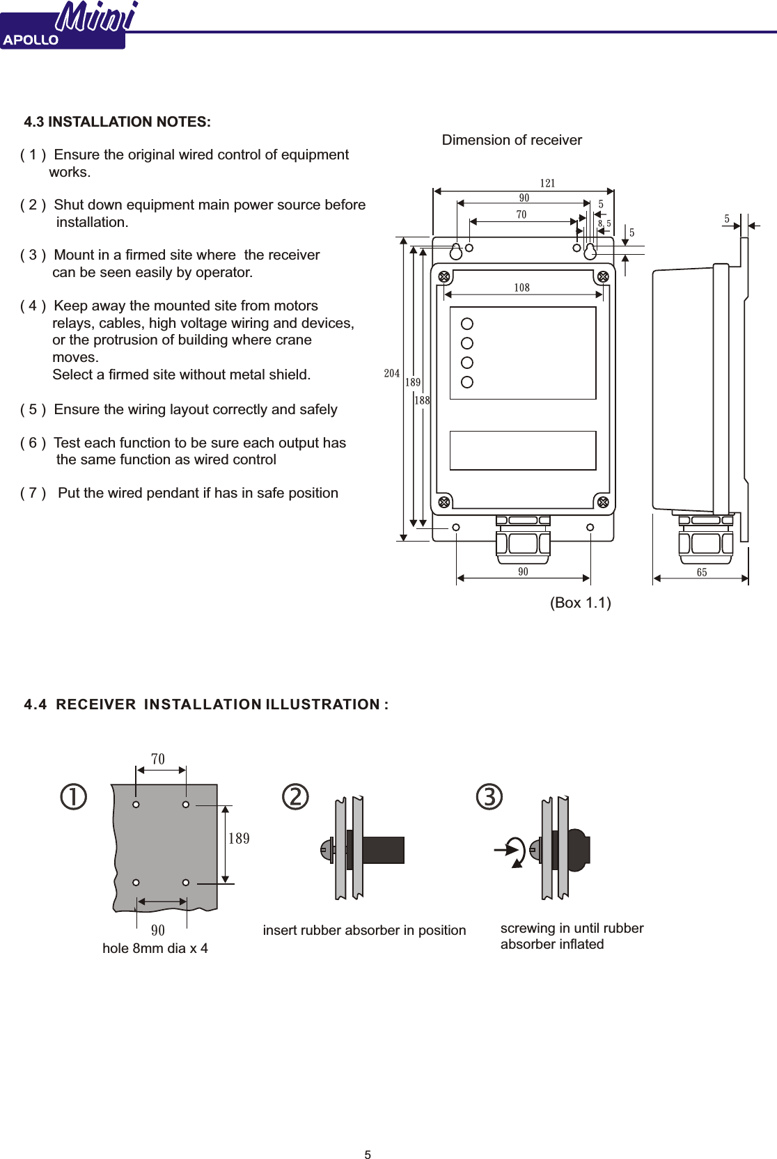 5MiniMini 4.3 INSTALLATION NOTES:( 1 )  Ensure the original wired control of equipment works.( 2 )  Shut down equipment main power source before         installation.( 3 )  Mount in a firmed site where  the receiver         can be seen easily by operator.( 4 )  Keep away the mounted site from motors        relays, cables, high voltage wiring and devices,        or the protrusion of building where crane        moves.        Select a firmed site without metal shield.  ( 5 )  Ensure the wiring layout correctly and safely( 6 )  Test each function to be sure each output has          the same function as wired control( 7 )   Put the wired pendant if has in safe positionDimension of receiver(Box 1.1)20410858.5559012190 657018918870189hole 8mm dia x 4insert rubber absorber in position screwing in until rubberabsorber inflated4.4    INSTALLATION   :RECEIVER  ILLUSTRATION90