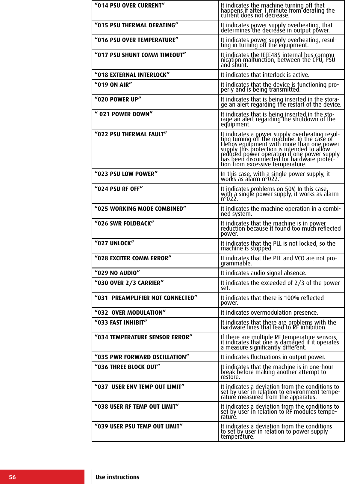 56 Use instructions“014 PSU OVER CURRENT” It indicates the machine turning off that happens if after 1 minute from derating the current does not decrease.“015 PSU THERMAL DERATING” It indicates power supply overheating, that determines the decrease in output power.“016 PSU OVER TEMPERATURE” It indicates power supply overheating, resul-ting in turning off the equipment.“017 PSU SHUNT COMM TIMEOUT” It indicates the IEEE485 internal bus commu-nication malfunction, between the CPU, PSU and shunt.“018 EXTERNAL INTERLOCK” It indicates that interlock is active.“019 ON AIR” It indicates that the device is functioning pro-perly and is being transmitted.“020 POWER UP” It indicates that is being inserted in the stora-ge an alert regarding the restart of the device.“ 021 POWER DOWN” It indicates that is being inserted in the sto-rage an alert regarding the shutdown of the equipment.“022 PSU THERMAL FAULT” It indicates a power supply overheating resul-ting turning off the machine. In the case of Elenos equipment with more than one power supply this protection is intended to allow reduced power operation if one power supply has been disconnected for hardware protec-tion from excessive temperature.“023 PSU LOW POWER” In this case, with a single power supply, it works as alarm n°022.“024 PSU RF OFF” It indicates problems on 50V. In this case, with a single power supply, it works as alarm n°022.“025 WORKING MODE COMBINED” It indicates the machine operation in a combi-ned system.“026 SWR FOLDBACK” It indicates that the machine is in power reduction because it found too much reﬂected power.“027 UNLOCK” It indicates that the PLL is not locked, so the machine is stopped.“028 EXCITER COMM ERROR” It indicates that the PLL and VCO are not pro-grammable.“029 NO AUDIO” It indicates audio signal absence.“030 OVER 2/3 CARRIER” It indicates the exceeded of 2/3 of the power set.“031  PREAMPLIFIER NOT CONNECTED” It indicates that there is 100% reﬂected power.“032  OVER MODULATION” It indicates overmodulation presence.“033 FAST INHIBIT” It indicates that there are problems with the hardware lines that lead to RF inhibition.“034 TEMPERATURE SENSOR ERROR” If there are multiple RF temperature sensors, it indicates that one is damaged if it operates a measure signiﬁcantly different.“035 PWR FORWARD OSCILLATION” It indicates ﬂuctuations in output power.“036 THREE BLOCK OUT” It indicates that the machine is in one-hour break before making another attempt to restore.“037  USER ENV TEMP OUT LIMIT” It indicates a deviation from the conditions to set by user in relation to environment tempe-rature measured from the apparatus.“038 USER RF TEMP OUT LIMIT” It indicates a deviation from the conditions to set by user in relation to RF modules tempe-rature.“039 USER PSU TEMP OUT LIMIT” It indicates a deviation from the conditions to set by user in relation to power supply temperature.