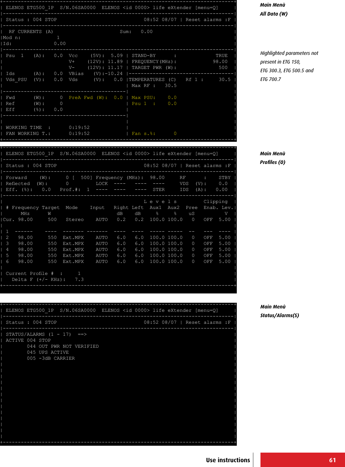 61+-----------------------------------------------------------------------------+ | ELENOS ETG500_1P  S/N.06SA0000  ELENOS &lt;id 0000&gt; life eXtender [menu=Q]     | |-----------------------------------------------------------------------------| | Status : 004 STOP                             08:52 08/07 | Reset alarms :F | |-----------------------------------------------------------------------------| |  RF CURRENTS (A)                      Sum:   0.00                           | |Mod n:            1                                                          | |Id:              0.00                                                        | |-----------------------------------------------------------------------------| | Psu  1   (A):   0.0  Vcc    (5V):  5.09 | STAND-BY      :             TRUE  | |                      V+    (12V): 11.89 | FREQUENCY(MHz):            98.00  | |                      V-    (12V): 11.17 | TARGET PWR (W):              500  | | Ids      (A):   0.0  VBias   (V):-10.24 |-----------------------------------| | Vds_PSU  (V):   0.0  Vds     (V):   0.0 |TEMPERATURES (C)   Rf 1 :     30.5 | |                                         | Max RF :   30.5                   | |-----------------------------------------|                                   | | Fwd      (W):     0  PreA Fwd (W):  0.0 | Max PSU:    0.0                   | | Ref      (W):     0                     | Psu 1  :    0.0                   | | Eff      (%):   0.0                     |                                   | |-----------------------------------------|                                   | |                                         |                                   | | WORKING TIME  :      0:19:52            |                                   | | FAN WORKING T.:      0:19:52            | Fan s.%:      0                   | +-----------------------------------------------------------------------------+  +-----------------------------------------------------------------------------+ | ELENOS ETG500_1P  S/N.06SA0000  ELENOS &lt;id 0000&gt; life eXtender [menu=Q]     | |-----------------------------------------------------------------------------| | Status : 004 STOP                             08:52 08/07 | Reset alarms :F | |-----------------------------------------------------------------------------| | Forward    (W):     0 [  500] Frequency (MHz):  98.00     RF      :    STBY | | Reected  (W):      0         LOCK  ----   ----  ----     VDS  (V):    0.0  | | Eff. (%):   0.0   Prof.#:  1  ----  ----   ----  STER     IDS  (A):   0.00  | |-----------------------------------------------------------------------------| |                                               L e v e l s         Clipping  | | # Frequency Target  Mode    Input   Right Left  Aux1  Aux2  Pree  Enab. Lev.| |      MHz      W                      dB    dB     %     %    uS          V  | |Cur. 98.00     500   Stereo    AUTO   0.2   0.2  100.0 100.0   0   OFF  5.00 | |                                                                             | | 1  ------    ----  ------- -------  ----  ----  ----- -----  --   ---  ---- | | 2   98.00     550  Ext.MPX    AUTO   6.0   6.0  100.0 100.0   0   OFF  5.00 | | 3   98.00     550  Ext.MPX    AUTO   6.0   6.0  100.0 100.0   0   OFF  5.00 | | 4   98.00     550  Ext.MPX    AUTO   6.0   6.0  100.0 100.0   0   OFF  5.00 | | 5   98.00     550  Ext.MPX    AUTO   6.0   6.0  100.0 100.0   0   OFF  5.00 | | 6   98.00     550  Ext.MPX    AUTO   6.0   6.0  100.0 100.0   0   OFF  5.00 | |                                                                             | | Current Prole #  :     1                                                   | |   Delta F (+/- KHz):   7.3                                                  | +-----------------------------------------------------------------------------+ +-----------------------------------------------------------------------------+ | ELENOS ETG500_1P  S/N.06SA0000  ELENOS &lt;id 0000&gt; life eXtender [menu=Q]     | |-----------------------------------------------------------------------------| | Status : 004 STOP                             08:52 08/07 | Reset alarms :F | |-----------------------------------------------------------------------------| | STATUS/ALARMS (1 - 17)  ==&gt;                                                 | | ACTIVE 004 STOP                                                             | |        044 OUT PWR NOT VERIFIED                                             | |        045 UPS ACTIVE                                                       | |        005 -3dB CARRIER                                                     | |                                                                             | |                                                                             | |                                                                             | |                                                                             | |                                                                             | |                                                                             | |                                                                             | |                                                                             | |                                                                             | |                                                                             | |                                                                             | |                                                                             | |                                                                             | +-----------------------------------------------------------------------------+ Main MenùAll Data (W)Main Menù Proﬁles (O)Main Menù Status/Alarms(S)Highlighted parameters not present in ETG 150, ETG 300.3, ETG 500.5 and ETG 700.7Use instructions