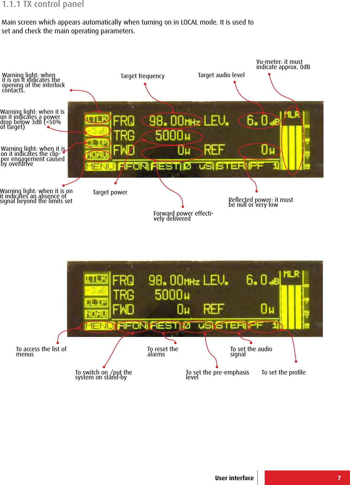 7User interface1.1.1 TX control panelMain screen which appears automatically when turning on in LOCAL mode. It is used to set and check the main operating parameters.Warning light: when it is on it indicates the opening of the interlock contacts. Warning light: when it is on it indicates a power drop below 3dB (&lt;50% of target)Warning light: when it is on it indicates the clip-per engagement caused by overdriveWarning light: when it is on it indicates an absence of signal beyond the limits setTarget frequencyTarget powerForward power effecti-vely deliveredTarget audio levelReﬂected power: it must be null or very lowVu-meter: it must indicate approx. 0dBTo access the list of menusTo switch on /put the system on stand-byTo reset the alarmsTo set the pre-emphasis levelTo set the audio signalTo set the proﬁle