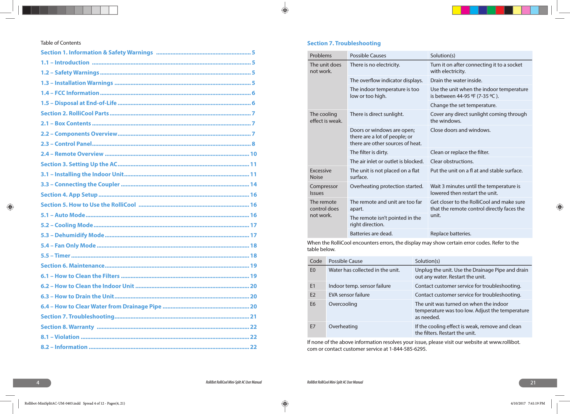 4RolliBot RolliCool Mini-Split AC User ManualTable of ContentsSection 1. Information &amp; Safety Warnings   ........................................................... 51.1 – Introduction  ................................................................................................... 51.2 – Safety Warnings .............................................................................................. 51.3 – Installation Warnings ..................................................................................... 51.4 – FCC Information .............................................................................................. 61.5 – Disposal at End-of-Life ................................................................................... 6Section 2. RolliCool Parts ........................................................................................ 72.1 – Box Contents ................................................................................................... 72.2 – Components Overview ................................................................................... 72.3 – Control Panel ................................................................................................... 82.4 – Remote Overview  .......................................................................................... 10Section 3. Setting Up the AC .................................................................................. 113.1 – Installing the Indoor Unit .............................................................................. 113.3 – Connecting the Coupler ................................................................................ 14Section 4. App Setup .............................................................................................. 16Section 5. How to Use the RolliCool  ..................................................................... 165.1 – Auto Mode ...................................................................................................... 165.2 – Cooling Mode ................................................................................................. 175.3 – Dehumidify Mode .......................................................................................... 175.4 – Fan Only Mode ............................................................................................... 185.5 – Timer ............................................................................................................... 18Section 6. Maintenance .......................................................................................... 196.1 – How to Clean the Filters ................................................................................ 196.2 – How to Clean the Indoor Unit ....................................................................... 206.3 – How to Drain the Unit .................................................................................... 206.4 – How to Clear Water from Drainage Pipe ...................................................... 20Section 7. Troubleshooting .................................................................................... 21Section 8. Warranty  ............................................................................................... 228.1 – Violation ......................................................................................................... 228.2 – Information .................................................................................................... 2221RolliBot RolliCool Mini-Split AC User ManualSection 7. TroubleshootingProblems Possible Causes Solution(s)The unit does not work.There is no electricity. Turn it on after connecting it to a socket with electricity.The over ow indicator displays. Drain the water inside.The indoor temperature is too low or too high.Use the unit when the indoor temperature is between 44-95 F (7-35 C ).Change the set temperature.The cooling e ect is weak.There is direct sunlight. Cover any direct sunlight coming through the windows.Doors or windows are open; there are a lot of people; or there are other sources of heat.Close doors and windows.The  lter is dirty. Clean or replace the  lter.The air inlet or outlet is blocked. Clear obstructions.Excessive NoiseThe unit is not placed on a  at surface.Put the unit on a   at and stable surface.Compressor IssuesOverheating protection started. Wait 3 minutes until the temperature is lowered then restart the unit.The remote control does not work.The remote and unit are too far apart.Get closer to the RolliCool and make sure that the remote control directly faces the unit.The remote isn’t pointed in the right direction.Batteries are dead. Replace batteries.When the RolliCool encounters errors, the display may show certain error codes. Refer to the table below.Code Possible Cause Solution(s)E0 Water has collected in the unit. Unplug the unit. Use the Drainage Pipe and drain out any water. Restart the unit.E1 Indoor temp. sensor failure Contact customer service for troubleshooting.E2 EVA sensor failure Contact customer service for troubleshooting.E6 Overcooling The unit was turned on when the indoor temperature was too low. Adjust the temperature as needed.E7 Overheating If the cooling e ect is weak, remove and clean the  lters. Restart the unit.If none of the above information resolves your issue, please visit our website at www.rollibot.com or contact customer service at 1-844-585-6295.Rollibot-MiniSplitAC-UM-0403.indd   Spread 4 of 12 - Pages(4, 21)Rollibot-MiniSplitAC-UM-0403.indd   Spread 4 of 12 - Pages(4, 21) 4/10/2017   7:41:19 PM4/10/2017   7:41:19 PM