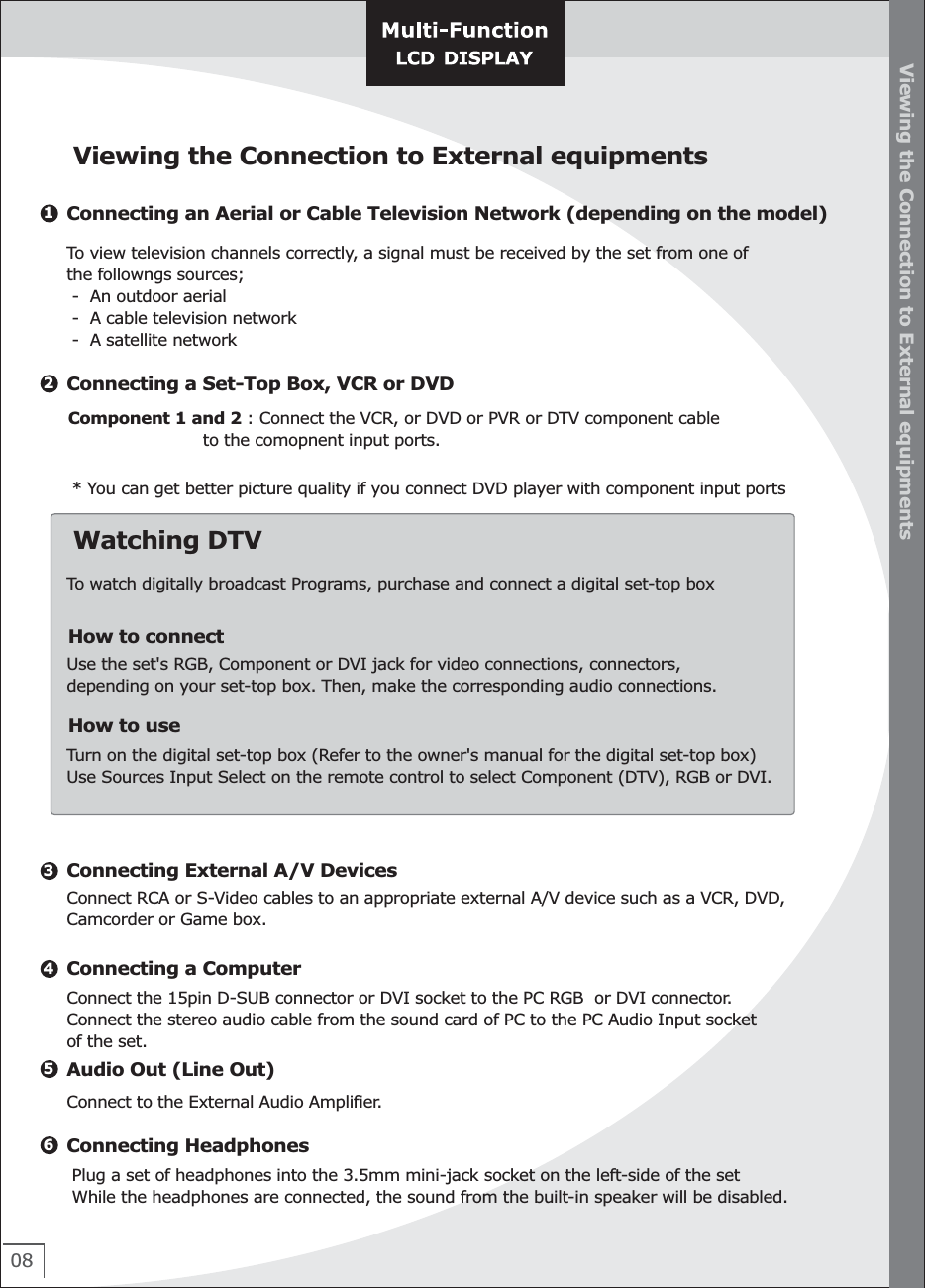 08Viewing the Connection to External equipmentsViewing the Connection to External equipmentsConnecting an Aerial or Cable Television Network (depending on the model)Connecting a Set-Top Box, VCR or DVDTo view television channels correctly, a signal must be received by the set from one ofthe followngs sources; -  An outdoor aerial -  A cable television network -  A satellite network Component 1 and 2 : Connect the VCR, or DVD or PVR or DTV component cable                          to the comopnent input ports.* You can get better picture quality if you connect DVD player with component input ports Connecting External A/V DevicesConnecting a ComputerConnect RCA or S-Video cables to an appropriate external A/V device such as a VCR, DVD,Camcorder or Game box.Connect the 15pin D-SUB connector or DVI socket to the PC RGB  or DVI connector.Connect the stereo audio cable from the sound card of PC to the PC Audio Input socket of the set.Audio Out (Line Out)Connecting HeadphonesConnect to the External Audio Amplifier. Plug a set of headphones into the 3.5mm mini-jack socket on the left-side of the set While the headphones are connected, the sound from the built-in speaker will be disabled.123456To watch digitally broadcast Programs, purchase and connect a digital set-top boxUse the set&apos;s RGB, Component or DVI jack for video connections, connectors,depending on your set-top box. Then, make the corresponding audio connections.Turn on the digital set-top box (Refer to the owner&apos;s manual for the digital set-top box)Use Sources Input Select on the remote control to select Component (DTV), RGB or DVI.Watching DTVHow to connectHow to use