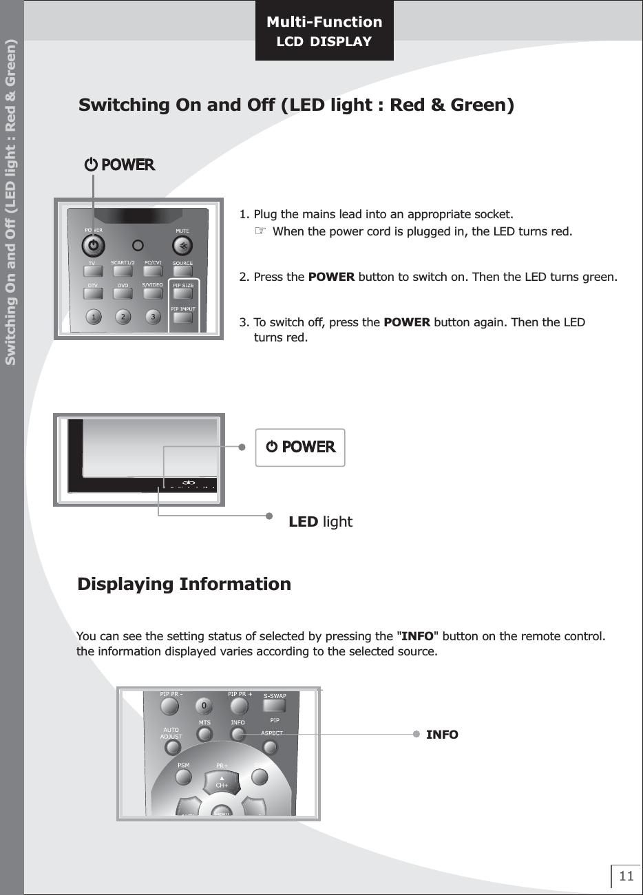 11Switching On and Off (LED light : Red &amp; Green)Switching On and Off (LED light : Red &amp; Green)1. Plug the mains lead into an appropriate socket.    ☞ When the power cord is plugged in, the LED turns red.2. Press the POWER button to switch on. Then the LED turns green.3. To switch off, press the POWER button again. Then the LED    turns red.    LED lightDisplaying InformationYou can see the setting status of selected by pressing the &quot;INFO&quot; button on the remote control.the information displayed varies according to the selected source. 0INFO