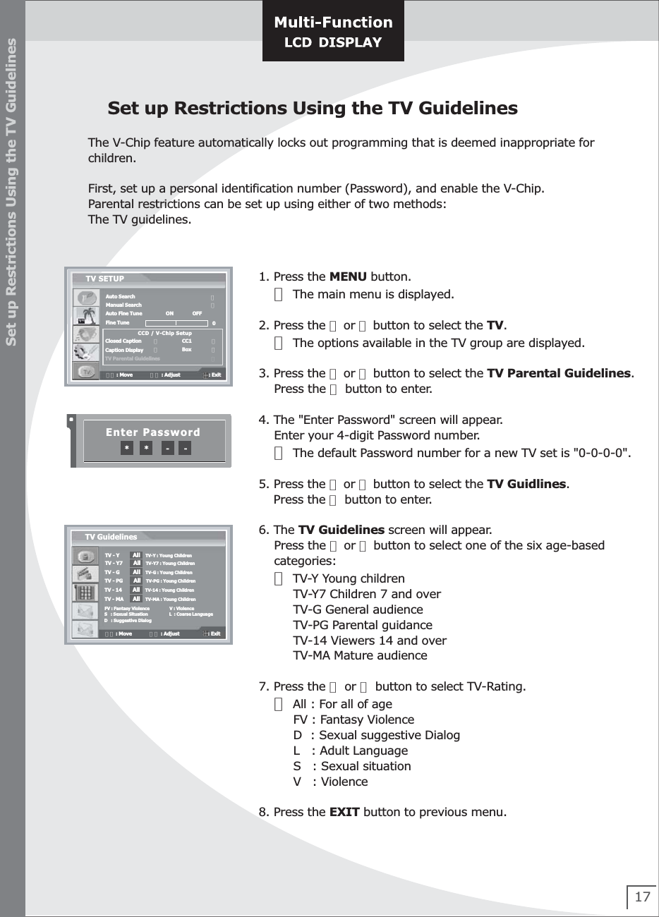 17Set up Restrictions Using the TV GuidelinesThe V-Chip feature automatically locks out programming that is deemed inappropriate forchildren.First, set up a personal identification number (Password), and enable the V-Chip.Parental restrictions can be set up using either of two methods:The TV guidelines.1. Press the MENU button.    ☞ The main menu is displayed.2. Press the ▲ or ▼ button to select the TV.    ☞ The options available in the TV group are displayed.3. Press the ▲ or ▼ button to select the TV Parental Guidelines.    Press the ▶ button to enter.4. The &quot;Enter Password&quot; screen will appear.     Enter your 4-digit Password number.    ☞ The default Password number for a new TV set is &quot;0-0-0-0&quot;.    5. Press the ▲ or ▼ button to select the TV Guidlines.    Press the ▶ button to enter.6. The TV Guidelines screen will appear.    Press the ▲ or ▼ button to select one of the six age-based     categories:    ☞ TV-Y Young children         TV-Y7 Children 7 and over         TV-G General audience         TV-PG Parental guidance         TV-14 Viewers 14 and over         TV-MA Mature audience7. Press the ◀ or ▶ button to select TV-Rating.     ☞ All : For all of age             FV : Fantasy Violence         D  : Sexual suggestive Dialog         L   : Adult Language         S   : Sexual situation         V   : Violence8. Press the EXIT button to previous menu.Set up Restrictions Using the TV GuidelinesAuto SearchManual SearchAuto Fine TuneFine TuneClosed CaptionCaption DisplayTV Parental GuidelinesTV SETUP                                           ▶                               ▶▼▲ : Move             ◀▶ : Adjust                     : Exit   ON              OFFCCD / V-Chip Setup0◀                 CC1               ▶◀                 Box               ▶                               ▶FV : Fantasy Violence                 V : ViolenceS   : Sexual Situation                  L  : Coarse LanguageTV Guidelines▼▲ : Move             ◀▶ : Adjust                     : Exit   D   : Suggestive DialogTV - Y7        All    TV-Y7 : Young ChildrenTV - G          All    TV-G : Young ChildrenTV - PG        All    TV-PG : Young ChildrenTV - MA       All    TV-MA : Young ChildrenTV - 14        All    TV-14 : Young ChildrenTV - Y          All    TV-Y : Young ChildrenEnter Password*      *       -      -