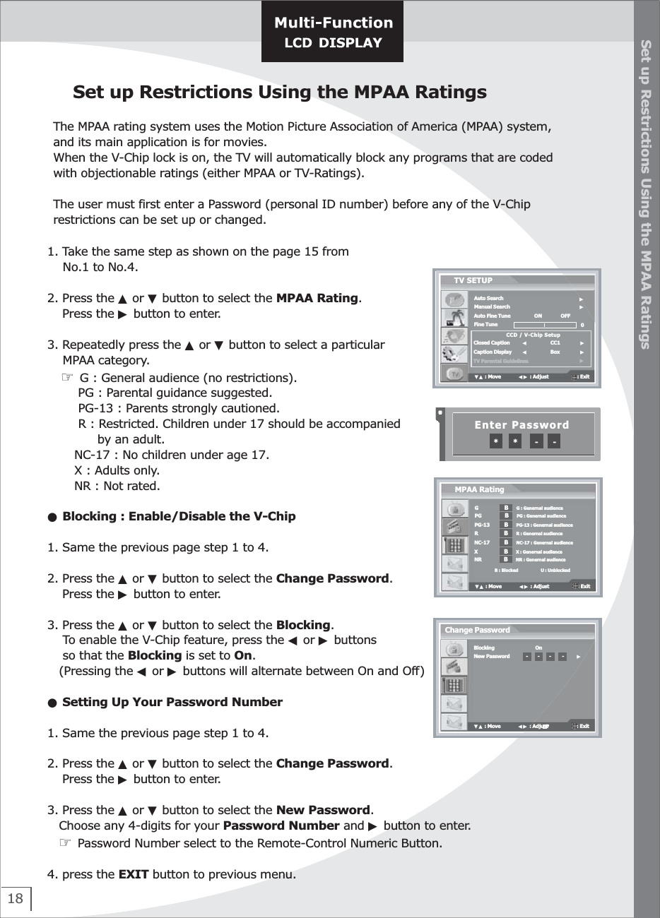 18Set up Restrictions Using the MPAA RatingsThe MPAA rating system uses the Motion Picture Association of America (MPAA) system,and its main application is for movies.When the V-Chip lock is on, the TV will automatically block any programs that are codedwith objectionable ratings (either MPAA or TV-Ratings).The user must first enter a Password (personal ID number) before any of the V-Chiprestrictions can be set up or changed.1. Take the same step as shown on the page 15 from     No.1 to No.4.2. Press the ▲ or ▼ button to select the MPAA Rating.    Press the ▶ button to enter.3. Repeatedly press the ▲ or ▼ button to select a particular    MPAA category.    ☞ G : General audience (no restrictions).        PG : Parental guidance suggested.        PG-13 : Parents strongly cautioned.        R : Restricted. Children under 17 should be accompanied              by an adult.       NC-17 : No children under age 17.       X : Adults only.       NR : Not rated.  ● Blocking : Enable/Disable the V-Chip 1. Same the previous page step 1 to 4.2. Press the ▲ or ▼ button to select the Change Password.    Press the ▶ button to enter. 3. Press the ▲ or ▼ button to select the Blocking.    To enable the V-Chip feature, press the ◀ or ▶ buttons    so that the Blocking is set to On.   (Pressing the ◀ or ▶ buttons will alternate between On and Off)● Setting Up Your Password Number 1. Same the previous page step 1 to 4.2. Press the ▲ or ▼ button to select the Change Password.     Press the ▶ button to enter. 3. Press the ▲ or ▼ button to select the New Password.    Choose any 4-digits for your Password Number and ▶ button to enter.   ☞ Password Number select to the Remote-Control Numeric Button.       4. press the EXIT button to previous menu.Set up Restrictions Using the MPAA RatingsAuto SearchManual SearchAuto Fine TuneFine TuneClosed CaptionCaption DisplayTV Parental GuidelinesTV SETUP                                           ▶                               ▶▼▲ : Move             ◀▶ : Adjust                     : Exit   ON              OFFCCD / V-Chip Setup0◀                 CC1               ▶◀                 Box               ▶                               ▶B : Blocked                   U : UnblockedMPAA Rating▼▲ : Move             ◀▶ : Adjust                     : Exit   PG                 B      PG : Genernal audiencePG-13           B      PG-13 : Genernal audienceX                   B      X : Genernal audienceR                   B      R : Genernal audienceNC-17           B      NC-17 : Genernal audienceG                   B      G : Genernal audienceNR                B      NR : Genernal audienceEnter Password*      *       -      -Change Password▼▲ : Move             ◀▶ : Adjust                     : Exit   New Password            -       -       -        -Blocking                              On▶ 