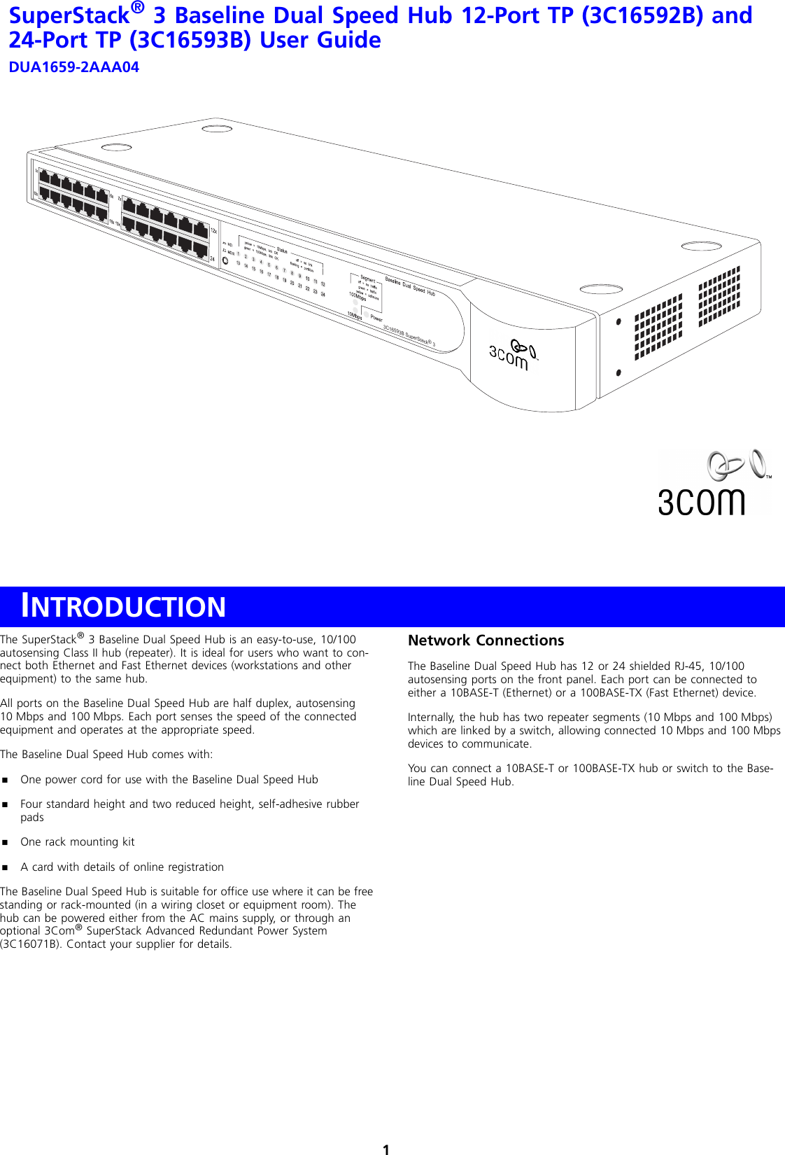 3Com 3C16592B, 3C16593B SuperStack 3 Baseline Dual Speed ...