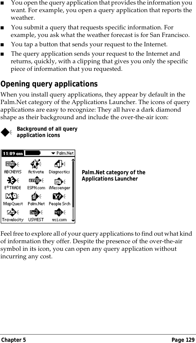 Chapter 5 Page 129■You open the query application that provides the information you want. For example, you open a query application that reports the weather.■You submit a query that requests specific information. For example, you ask what the weather forecast is for San Francisco.■You tap a button that sends your request to the Internet.■The query application sends your request to the Internet and returns, quickly, with a clipping that gives you only the specific piece of information that you requested.Opening query applicationsWhen you install query applications, they appear by default in the Palm.Net category of the Applications Launcher. The icons of query applications are easy to recognize: They all have a dark diamond shape as their background and include the over-the-air icon:Feel free to explore all of your query applications to find out what kind of information they offer. Despite the presence of the over-the-air symbol in its icon, you can open any query application without incurring any cost.Background of all query    application iconsPalm.Net category of the Applications Launcher