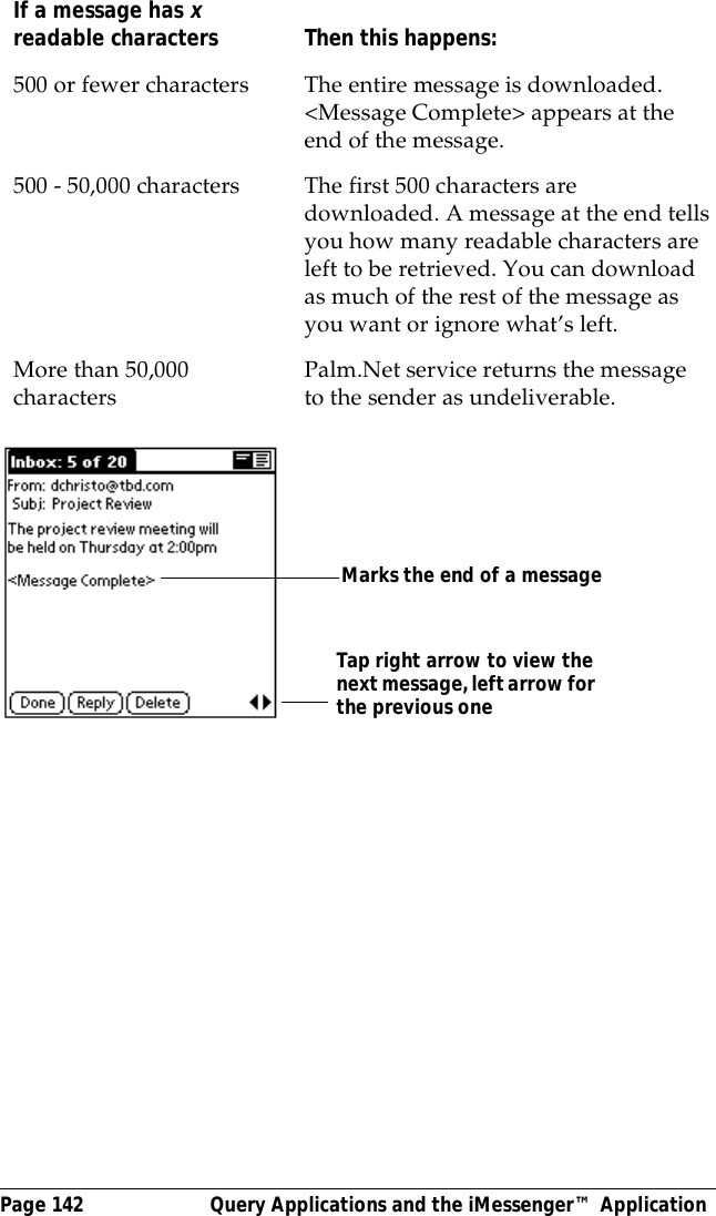 Page 142  Query Applications and the iMessenger&trade; ApplicationIf a message has x readable characters Then this happens:500 or fewer characters The entire message is downloaded. <Message Complete> appears at the end of the message.500 - 50,000 characters The first 500 characters are downloaded. A message at the end tells you how many readable characters are left to be retrieved. You can download as much of the rest of the message as you want or ignore what&rsquo;s left.More than 50,000 characters Palm.Net service returns the message to the sender as undeliverable.Marks the end of a messageTap right arrow to view thenext message, left arrow for the previous one 