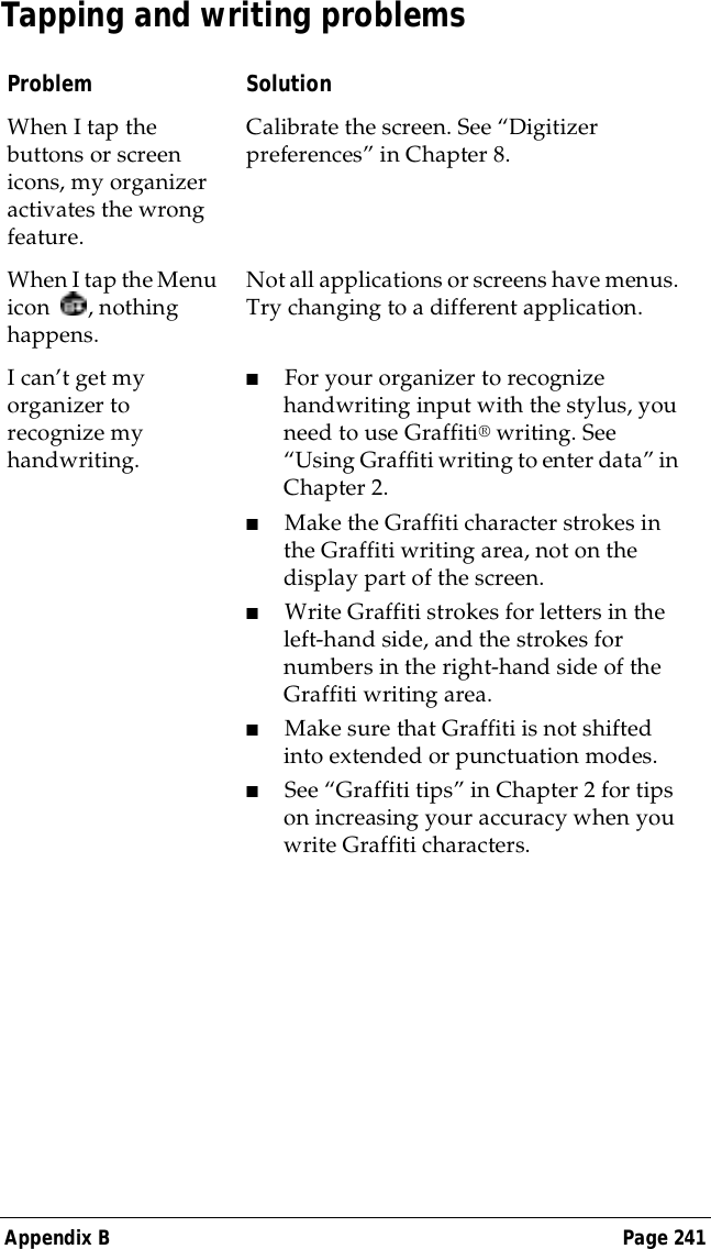 Appendix B Page 241Tapping and writing problemsProblem SolutionWhen I tap the buttons or screen icons, my organizer activates the wrong feature.Calibrate the screen. See &ldquo;Digitizer preferences&rdquo; in Chapter 8.When I tap the Menu icon  , nothing happens.Not all applications or screens have menus. Try changing to a different application.I can&rsquo;t get my organizer to recognize my handwriting.■For your organizer to recognize handwriting input with the stylus, you need to use Graffiti&reg; writing. See &ldquo;Using Graffiti writing to enter data&rdquo; in Chapter 2.■Make the Graffiti character strokes in the Graffiti writing area, not on the display part of the screen.■Write Graffiti strokes for letters in the left-hand side, and the strokes for numbers in the right-hand side of the Graffiti writing area.■Make sure that Graffiti is not shifted into extended or punctuation modes.■See &ldquo;Graffiti tips&rdquo; in Chapter 2 for tips on increasing your accuracy when you write Graffiti characters.